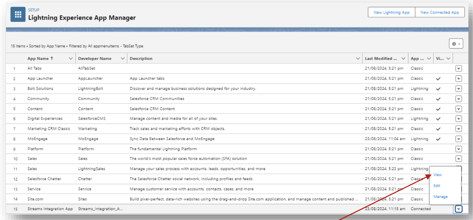 Salesforce App Manager dropdown menu with the View option for the connected app