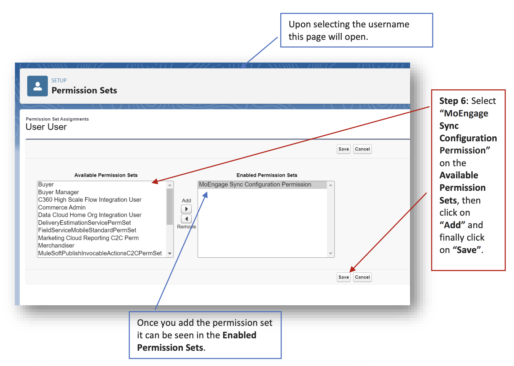 Permission set picker with MoEngage Sync Configuration Permission added to enabled permissions
