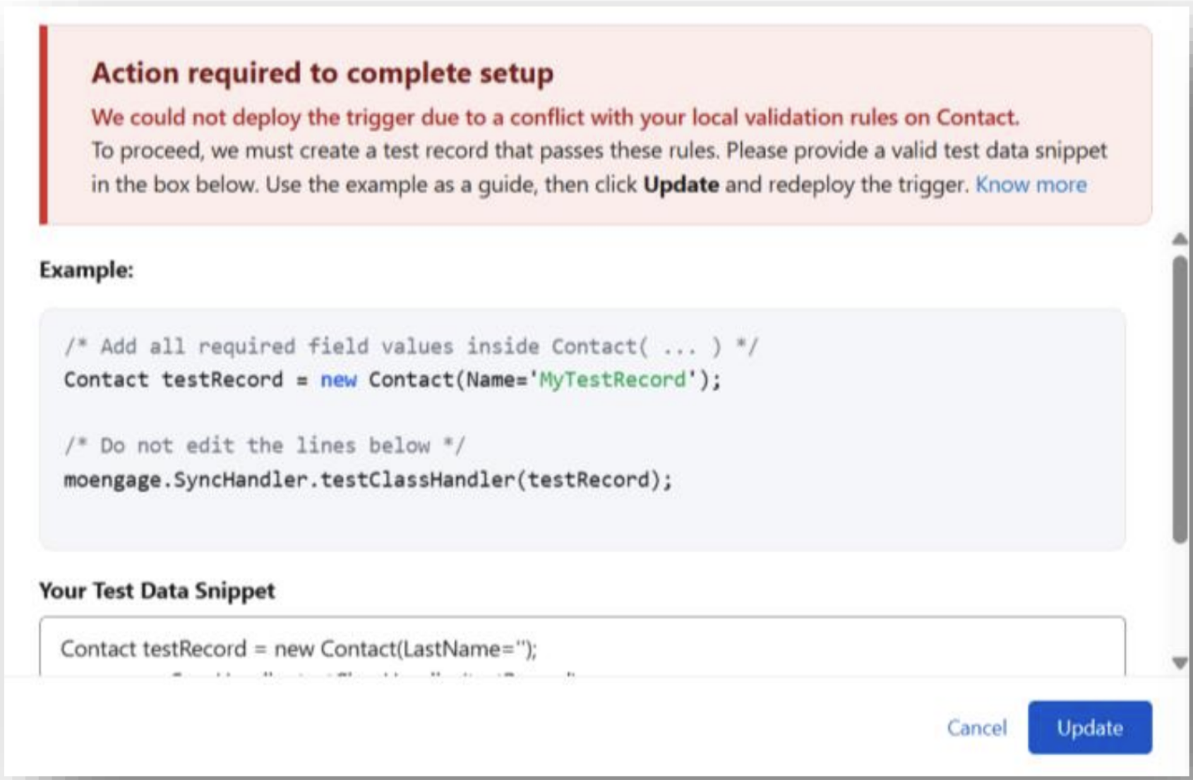 Salesforce trigger deployment failure modal asking for sample test data