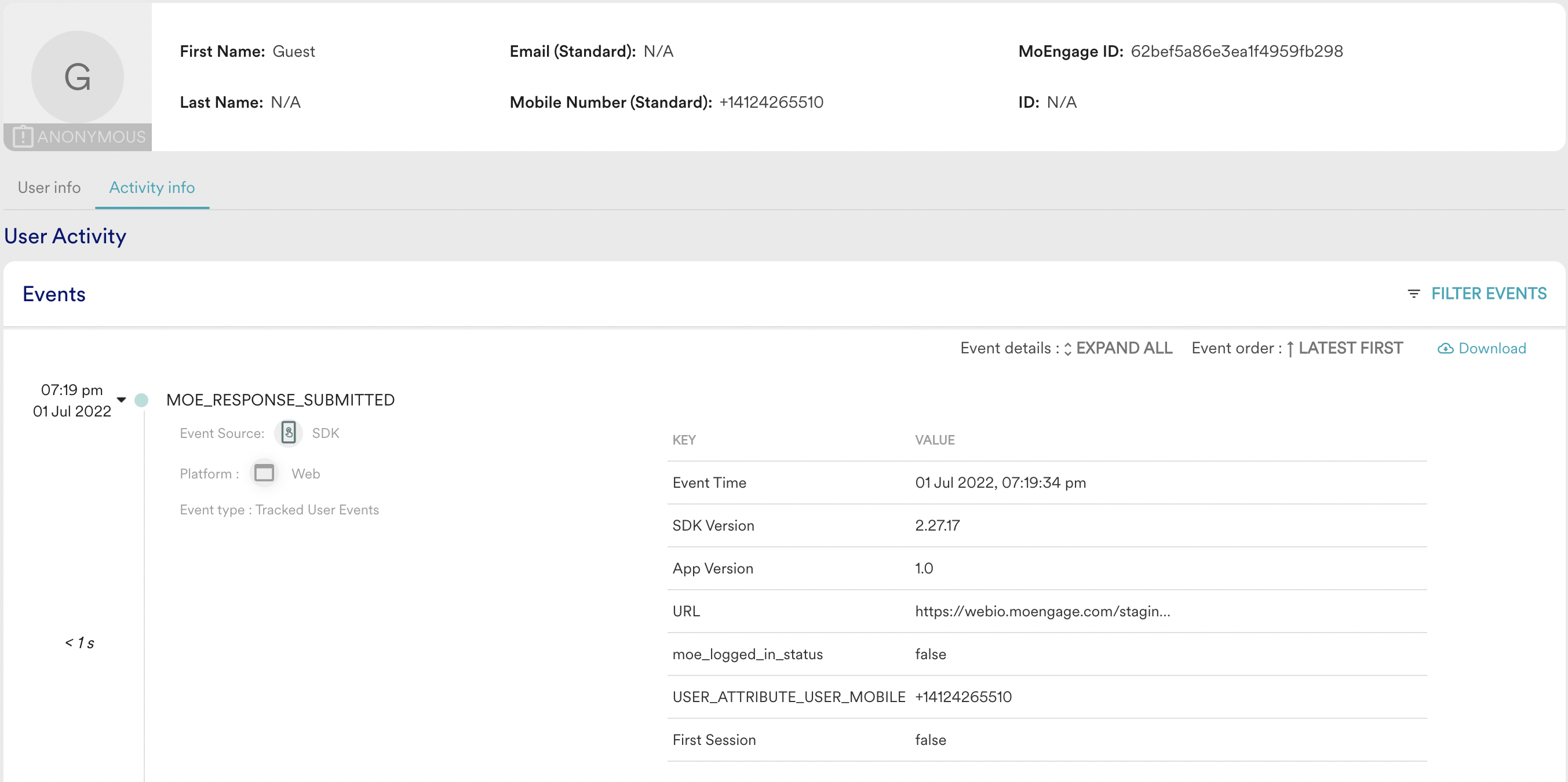 Screenshot of captured SMS Sign-Up data in user profile.