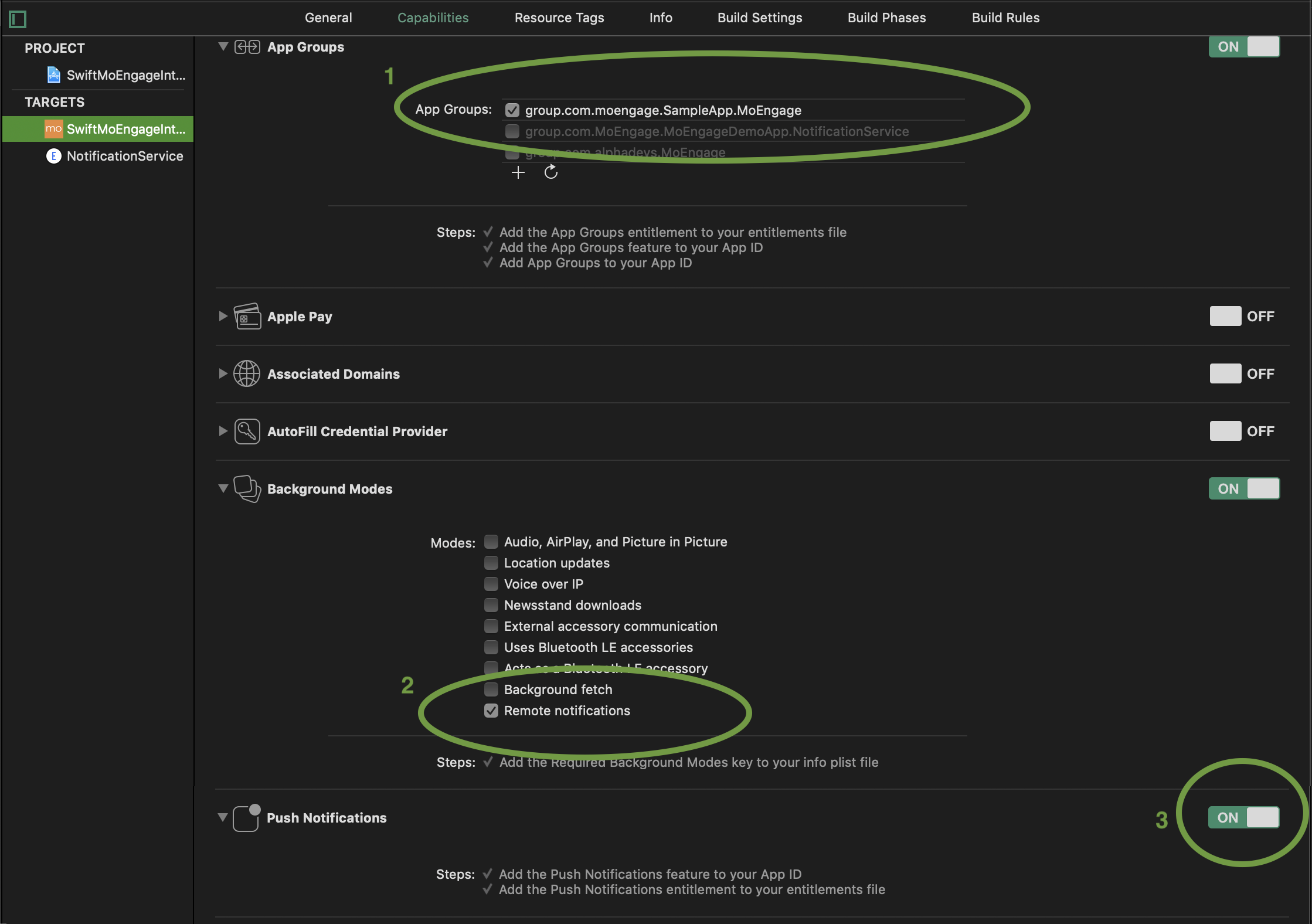 App Groups, Background Modes, and Push Notifications capabilities enabled for the app target in Xcode
