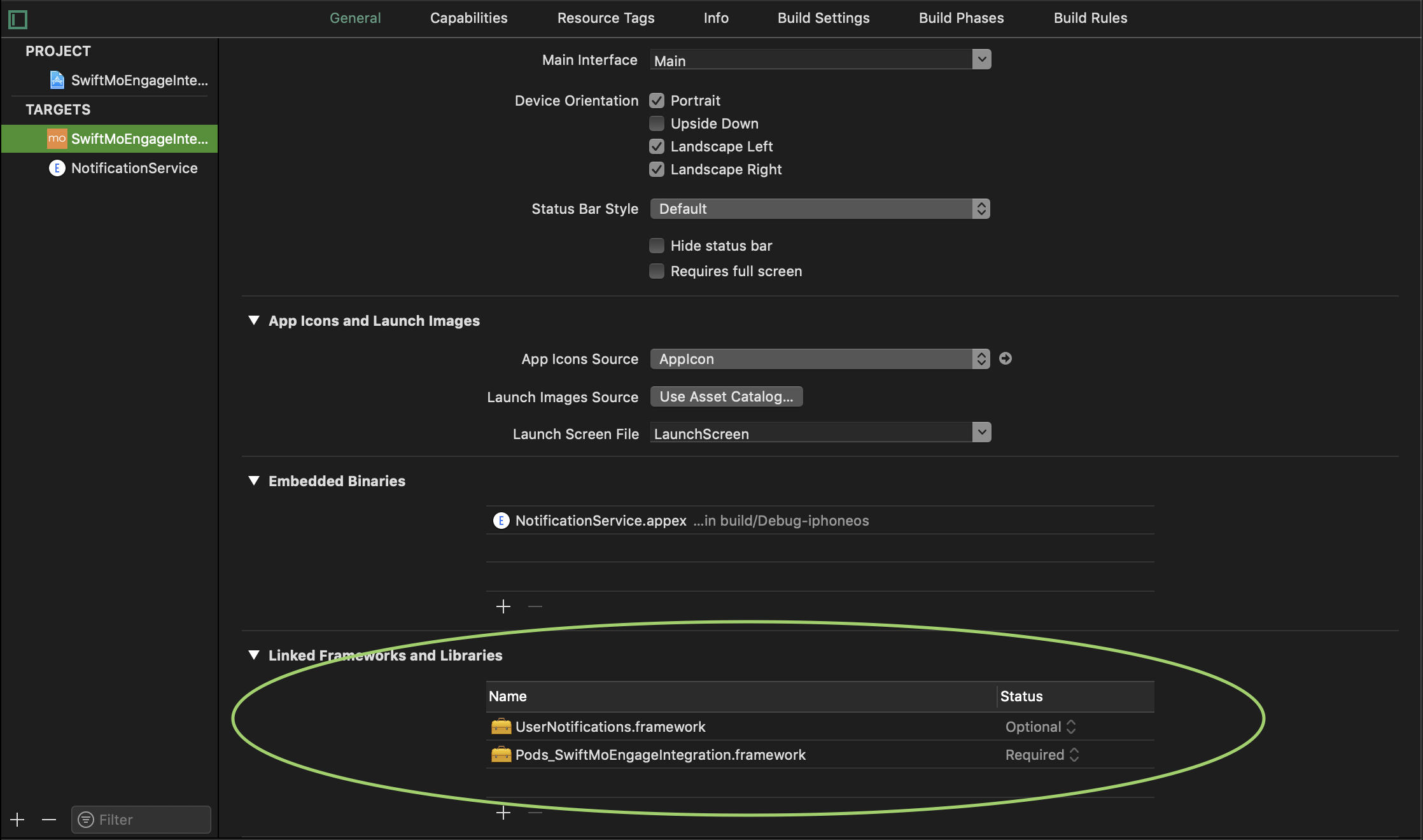 UserNotifications framework added as Optional under Linked Frameworks and Libraries