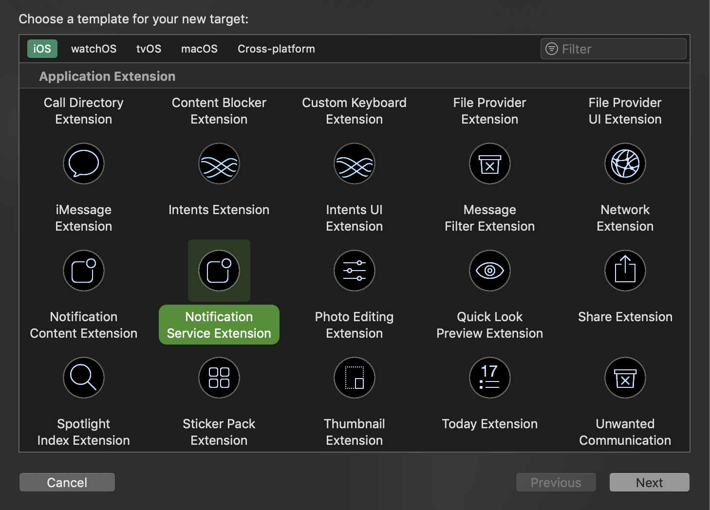 Selecting the Notification Service Extension template while adding a new target in Xcode