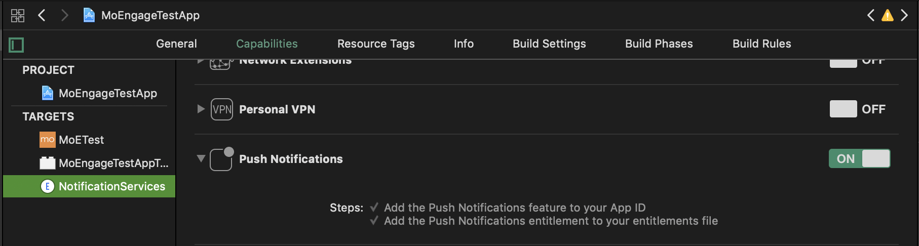 Push Notifications capability enabled for the Notification Service Extension target