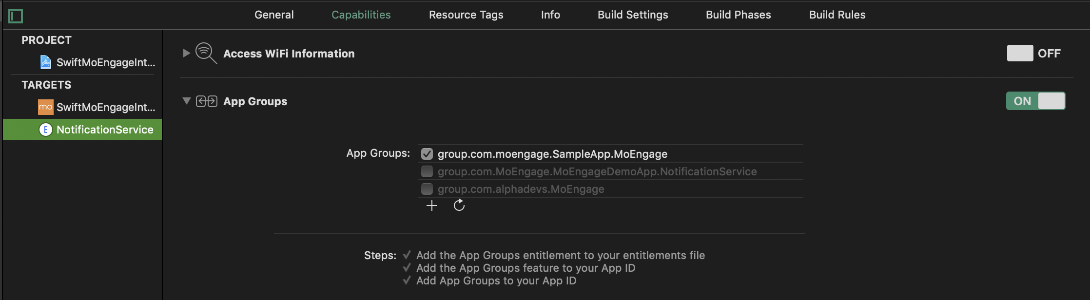 App Groups capability enabled for the Notification Service Extension with the same App Group ID as the app target