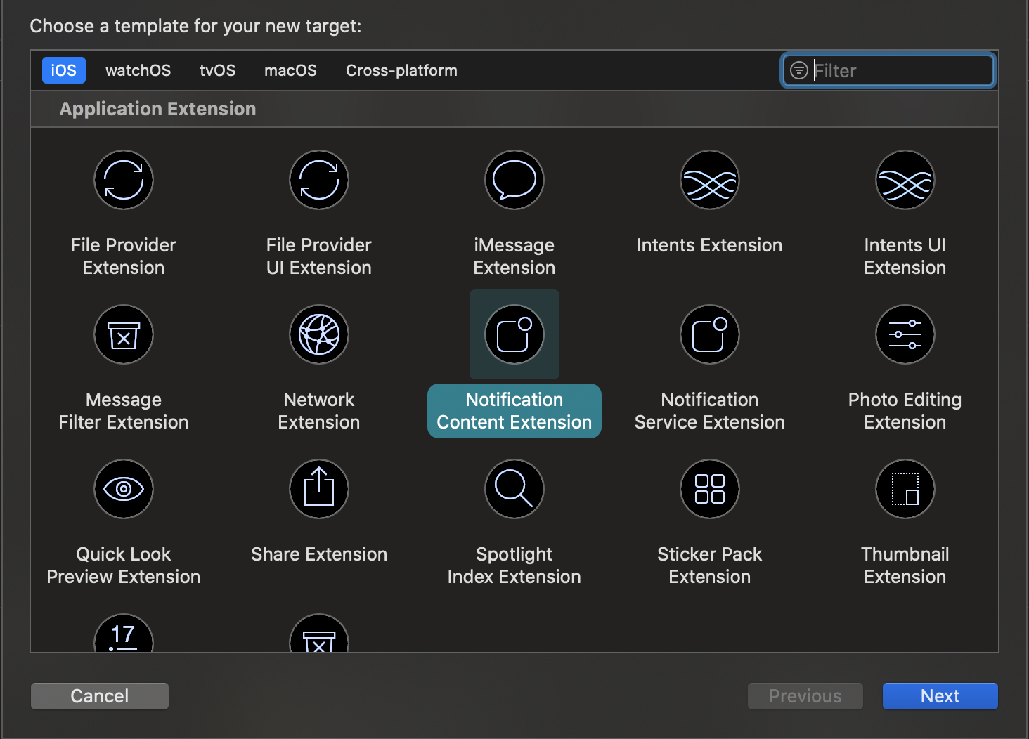 Selecting the Notification Content Extension template while adding a new target in Xcode