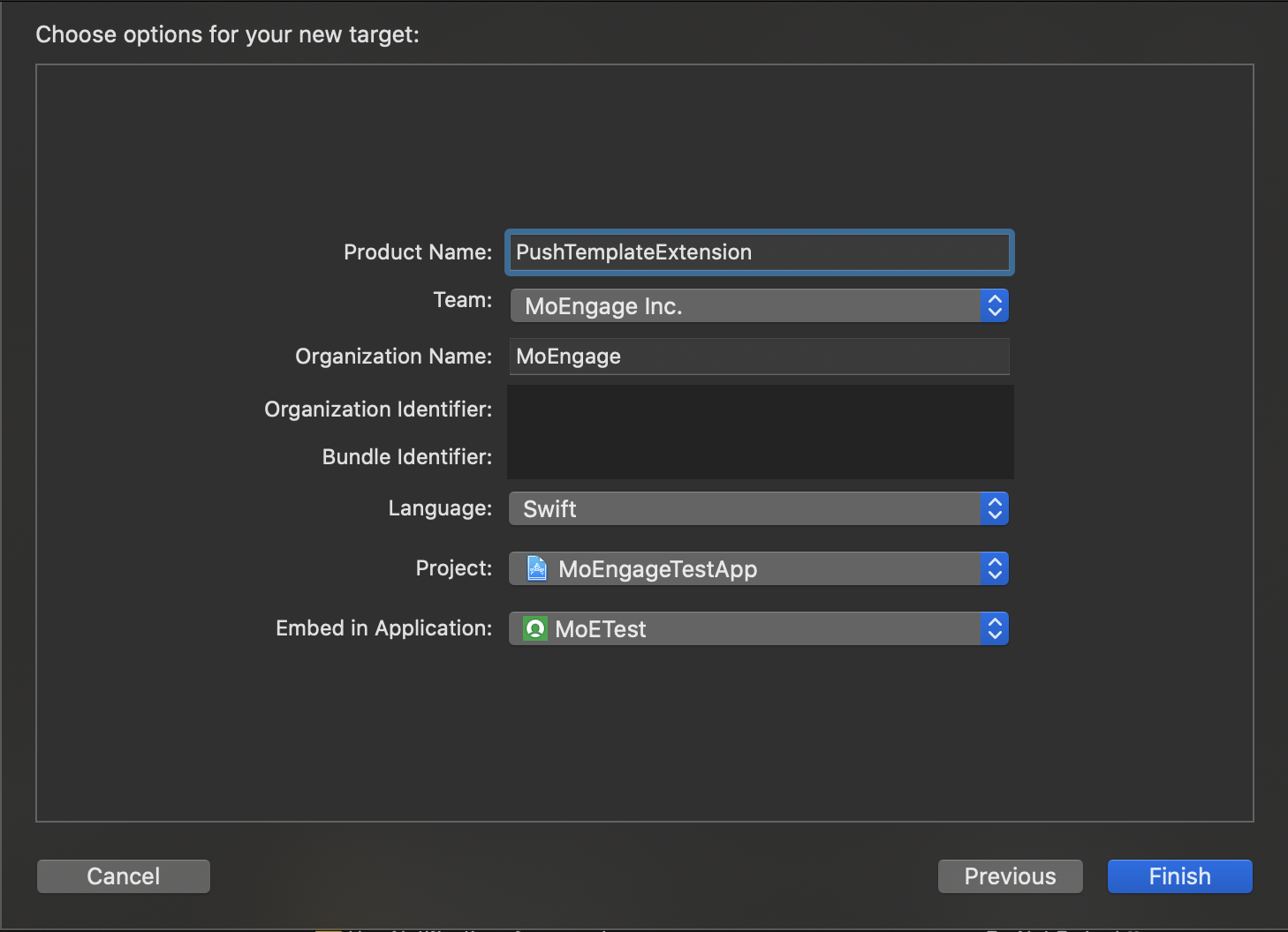 Naming and creating the Notification Content Extension target in Xcode