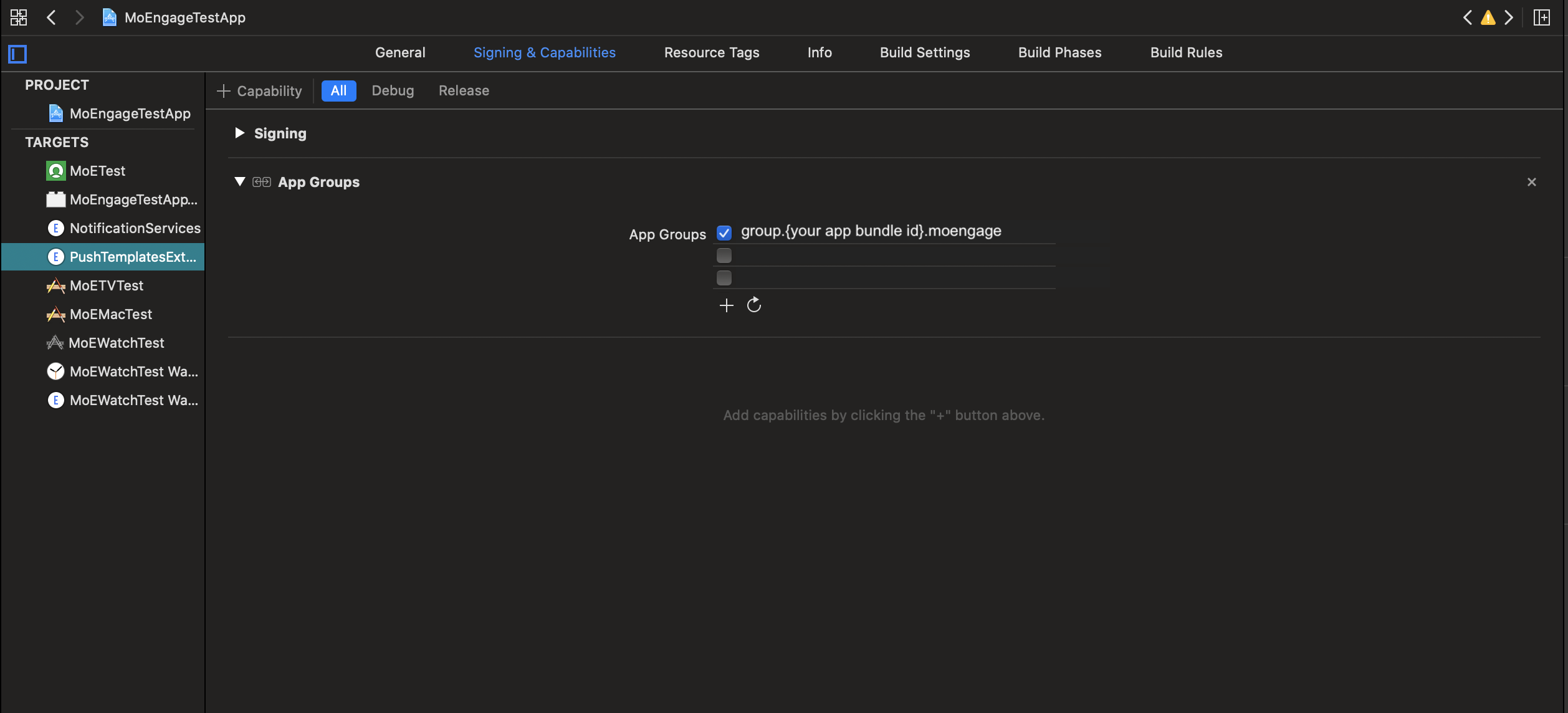 Enabling the App Groups capability for the Content Extension target in Xcode