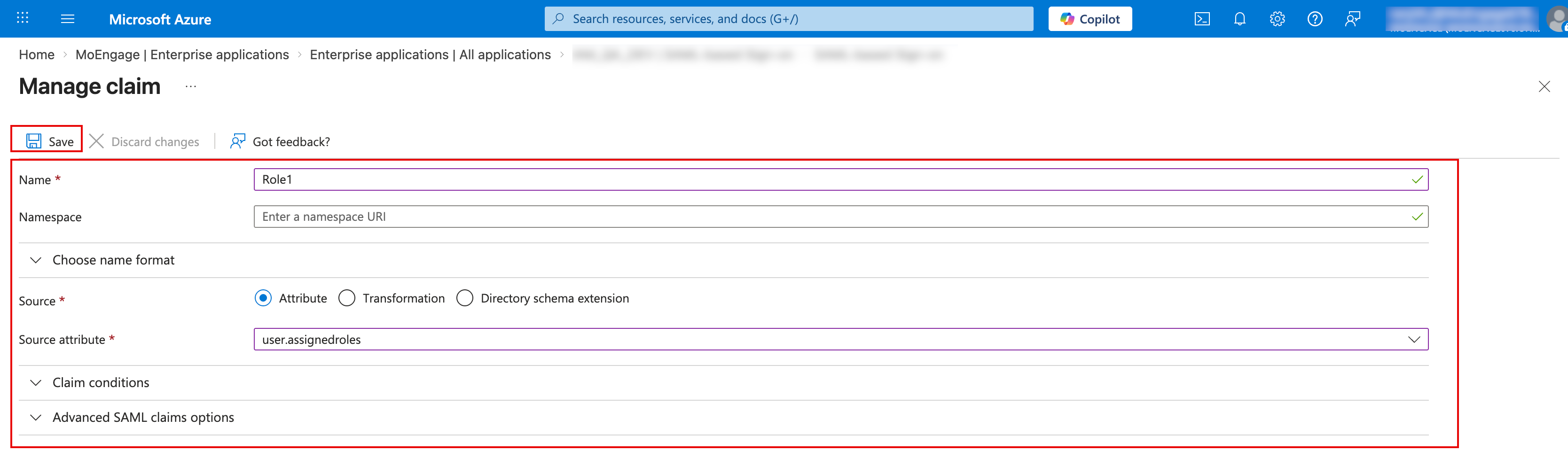 Manage claim page with the saved role claim