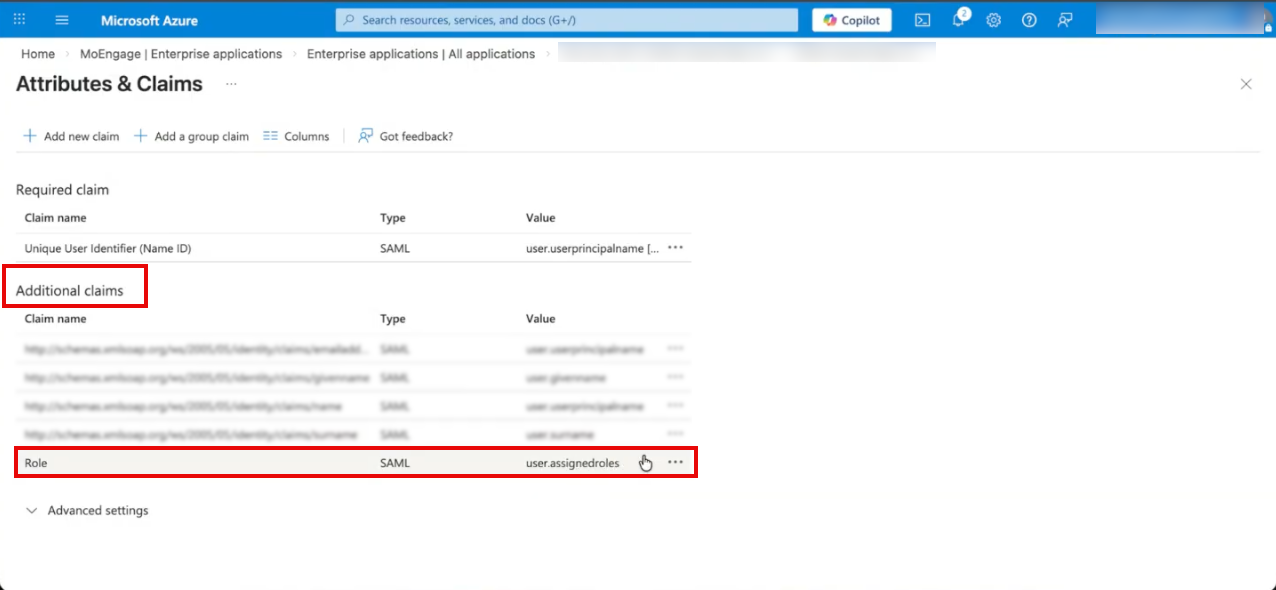 Attributes and Claims page showing the Role claim in the Additional claims list