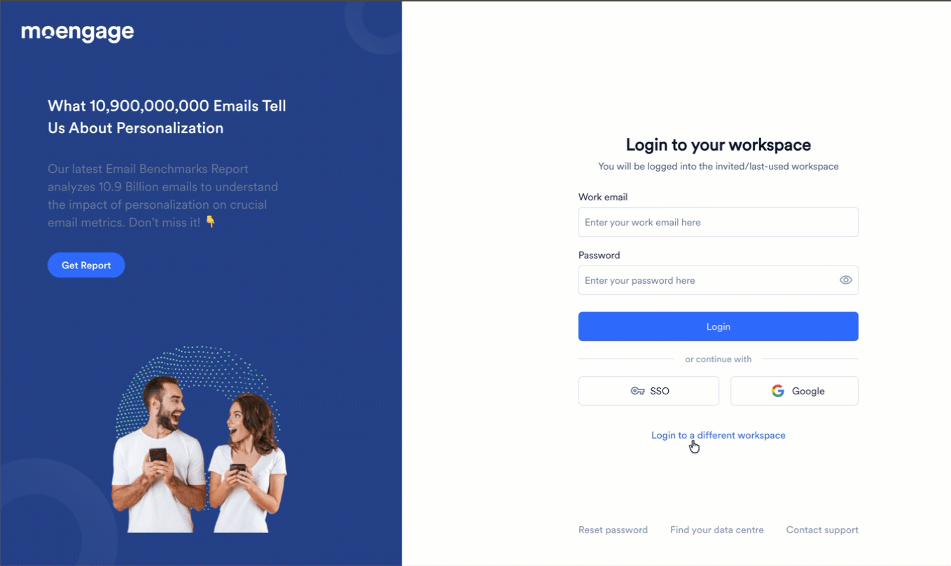 Log in to a different workspace