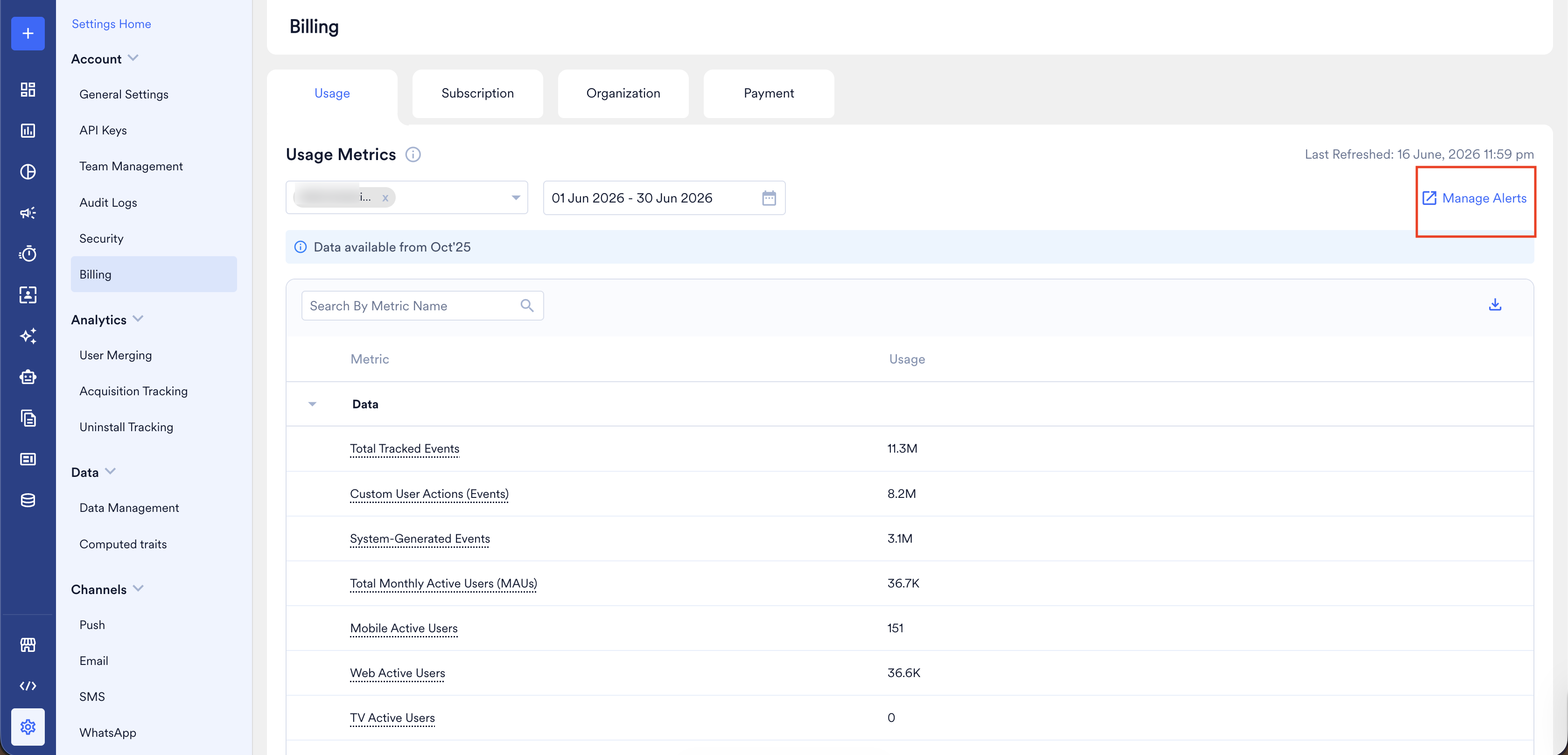 The Manage Alert button in the upper-right corner of the Usage page