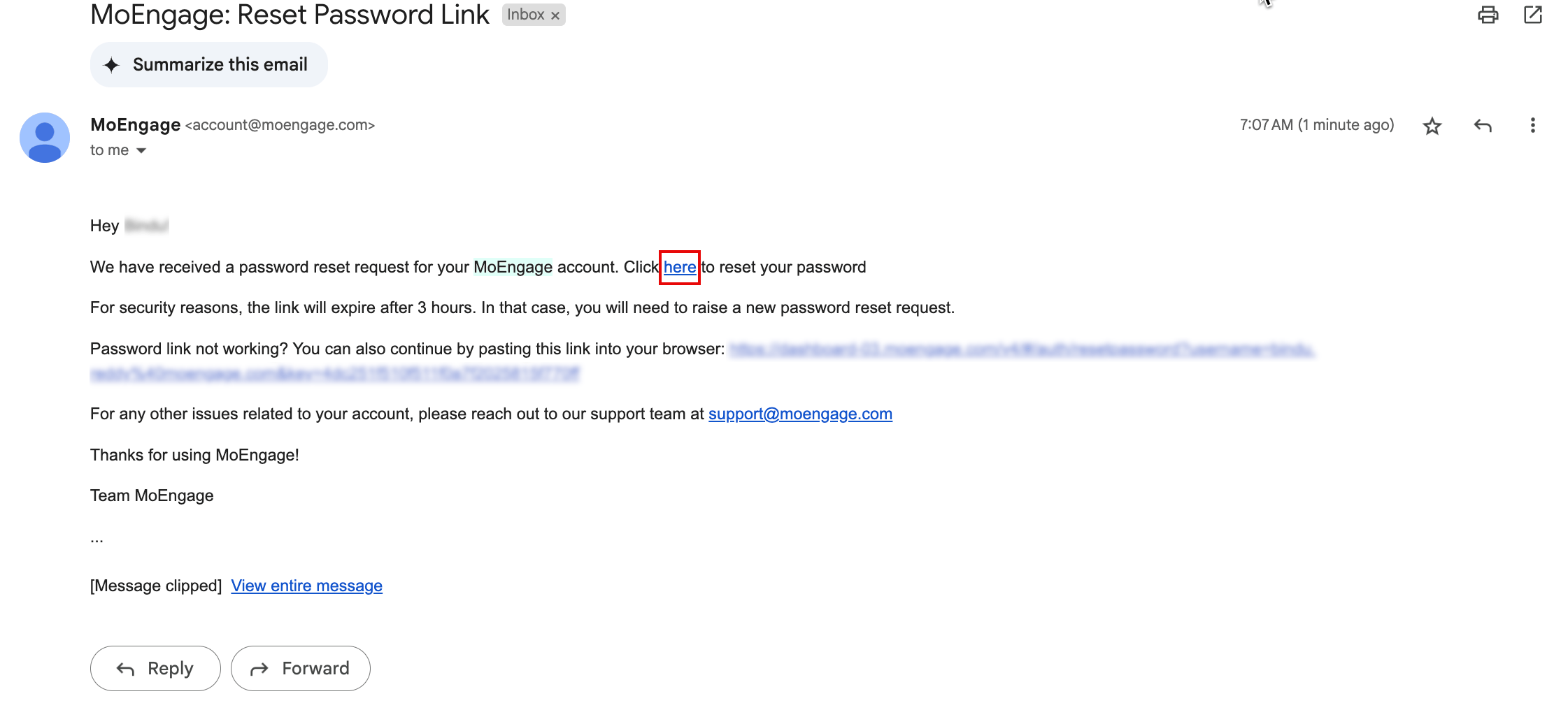 Password reset email