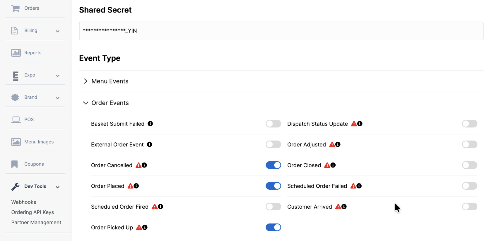 Olo Dashboard showing Order Events and User Events sections for webhook configuration