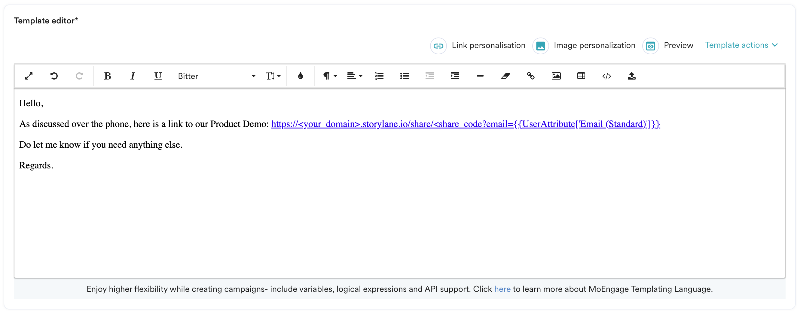 Storylane personalization pop-up in MoEngage with Email (Standard) selected
