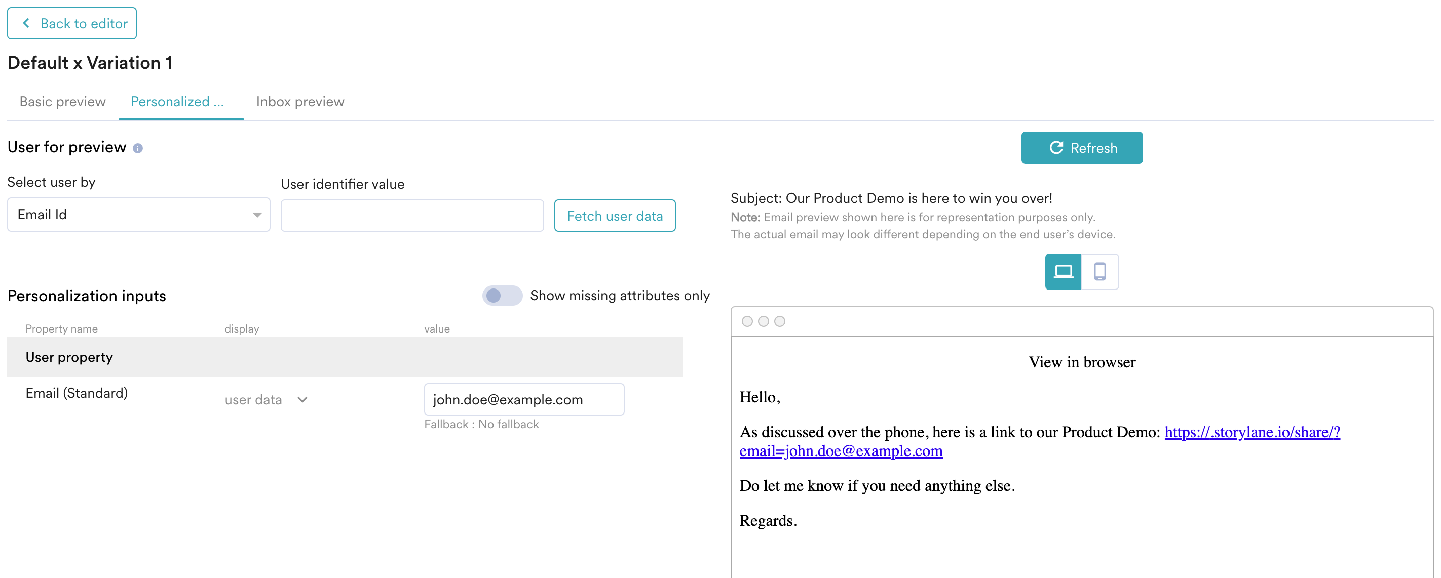 MoEngage email preview showing the personalized Storylane demo link