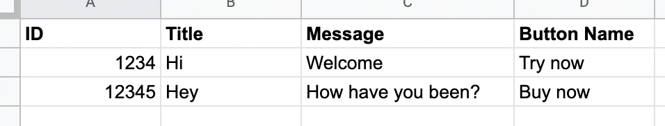 Sample spreadsheet with message title, message, and button name columns