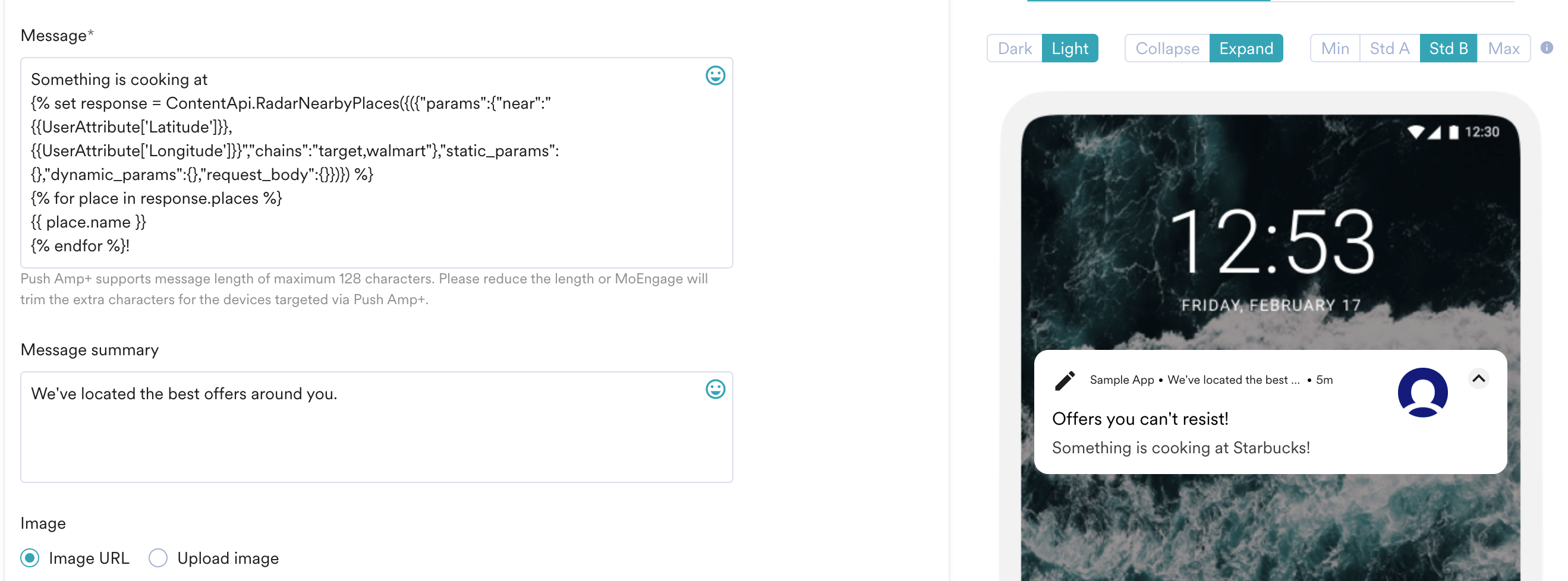 MoEngage campaign preview showing nearby places returned by the Radar Content API