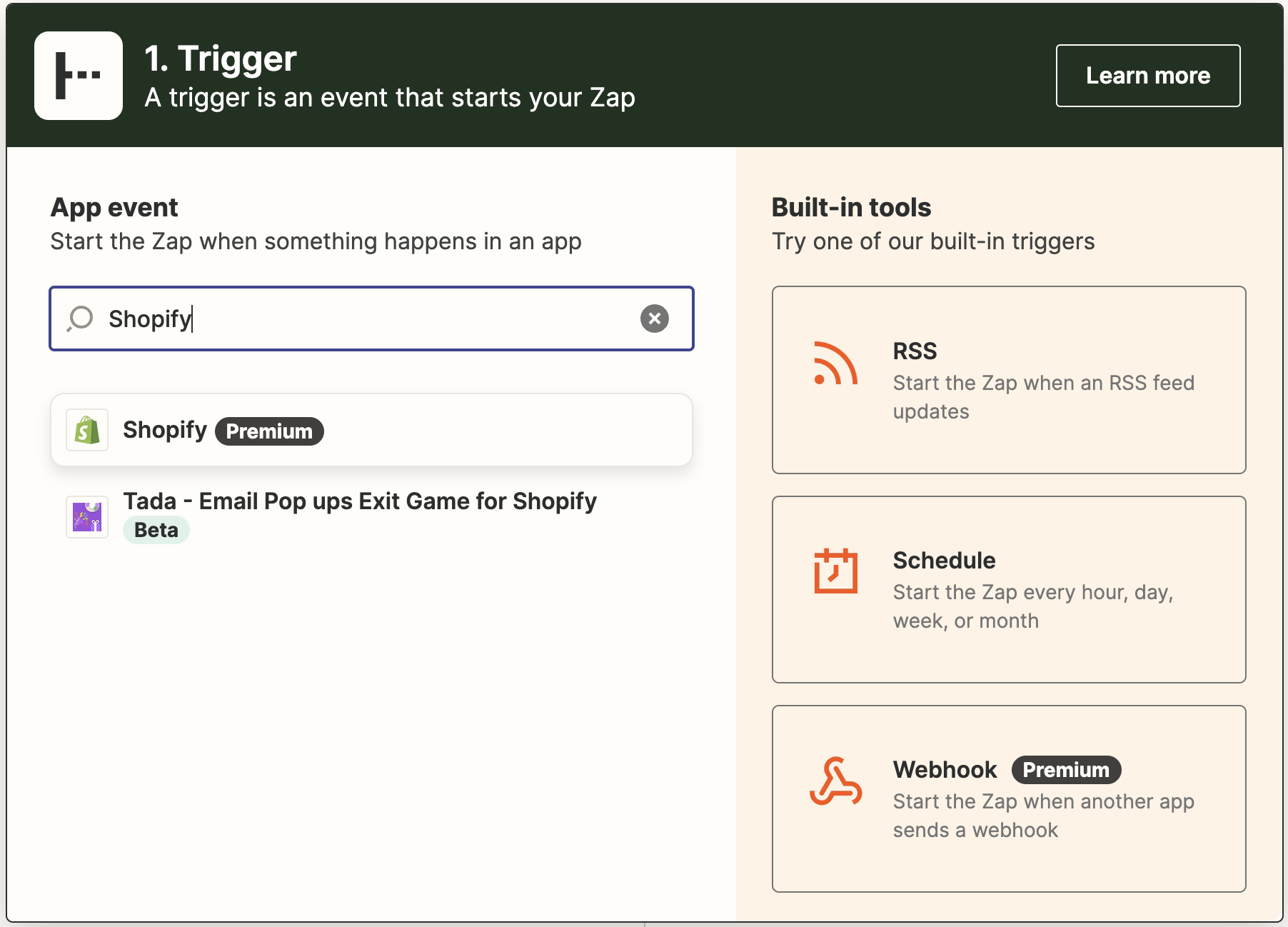 Selecting Shopify as the trigger app in Zapier