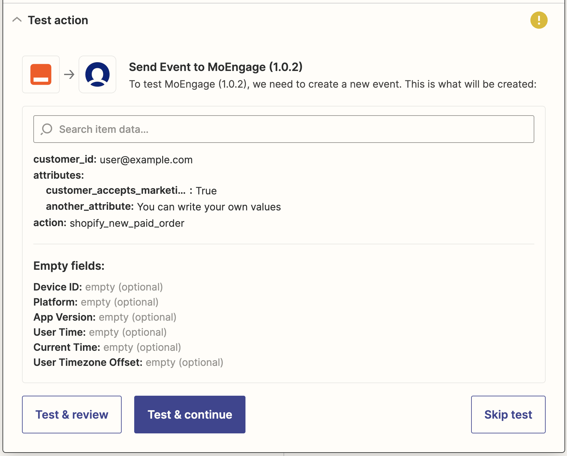 Test setup screen for Import User Event action