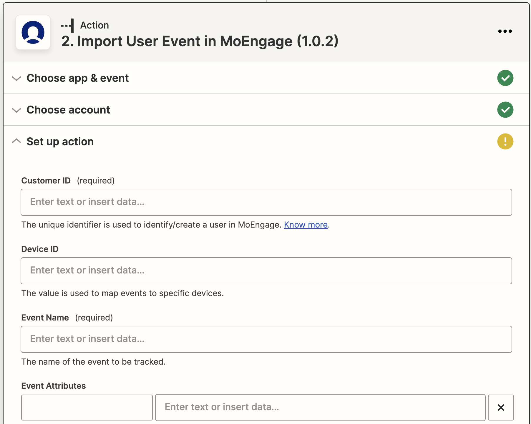 Import User Event action setup with form fields