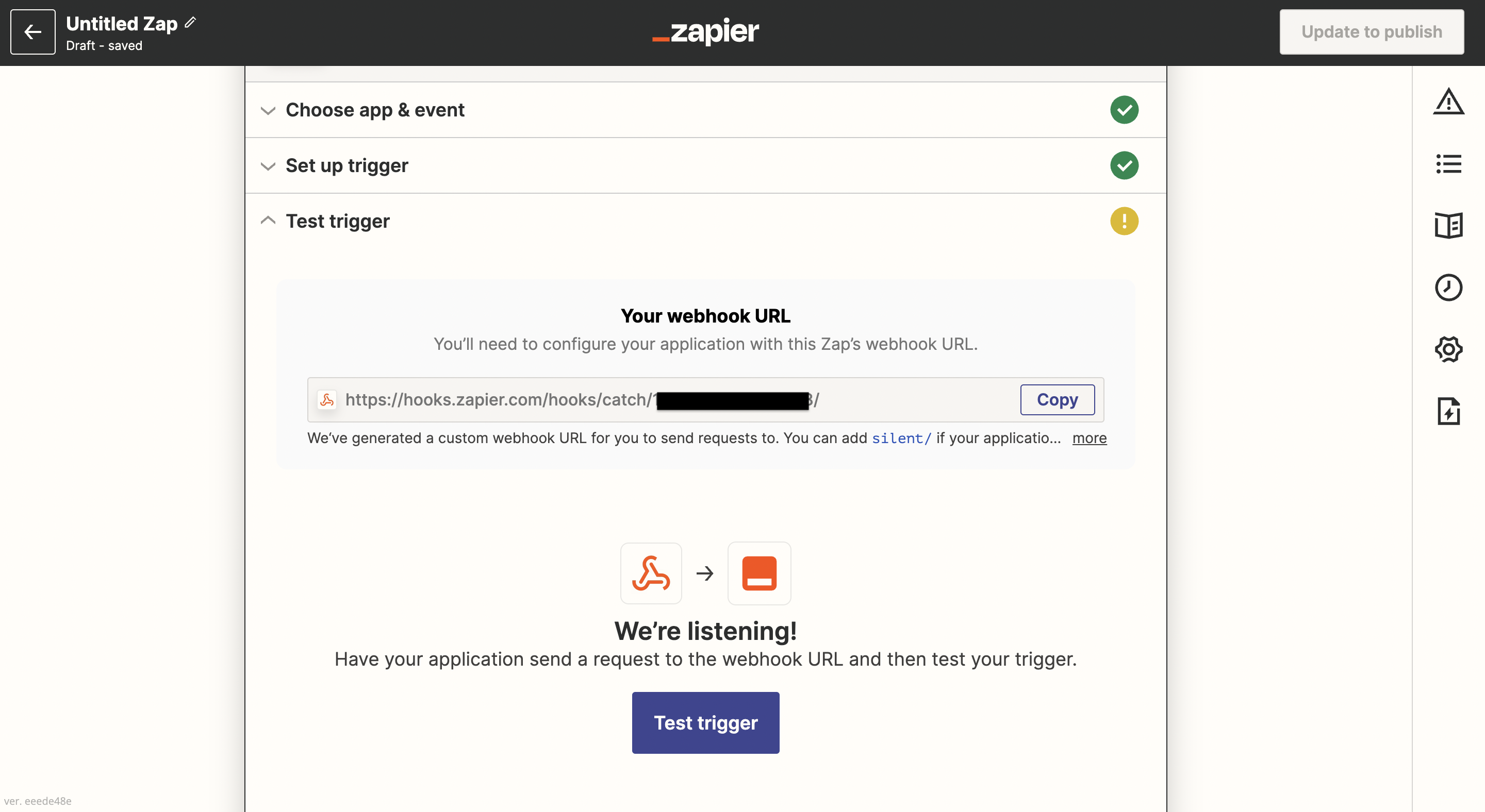 Unique Webhook URL displayed in Zapier setup