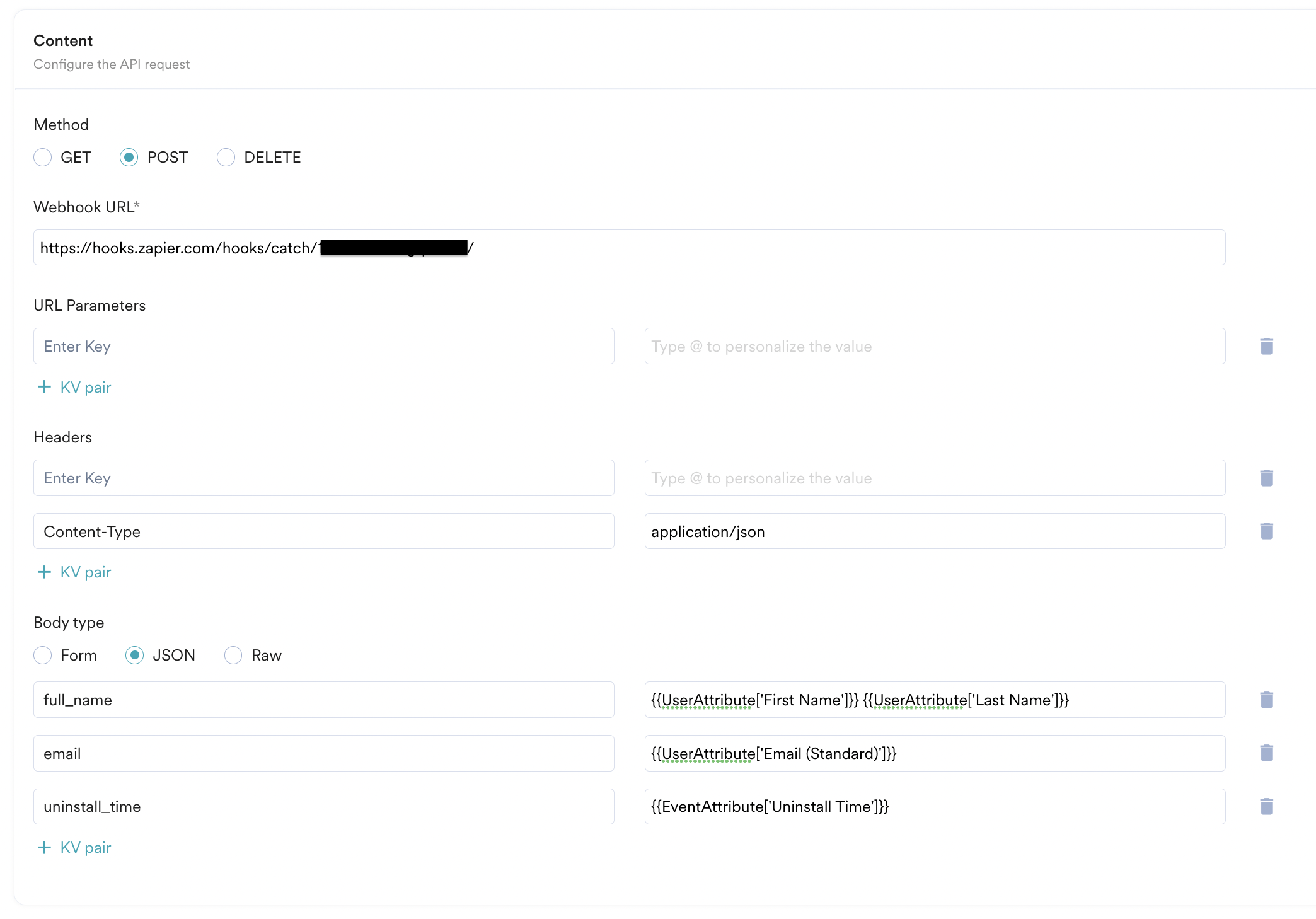 Connector campaign content step showing method, webhook URL, and payload