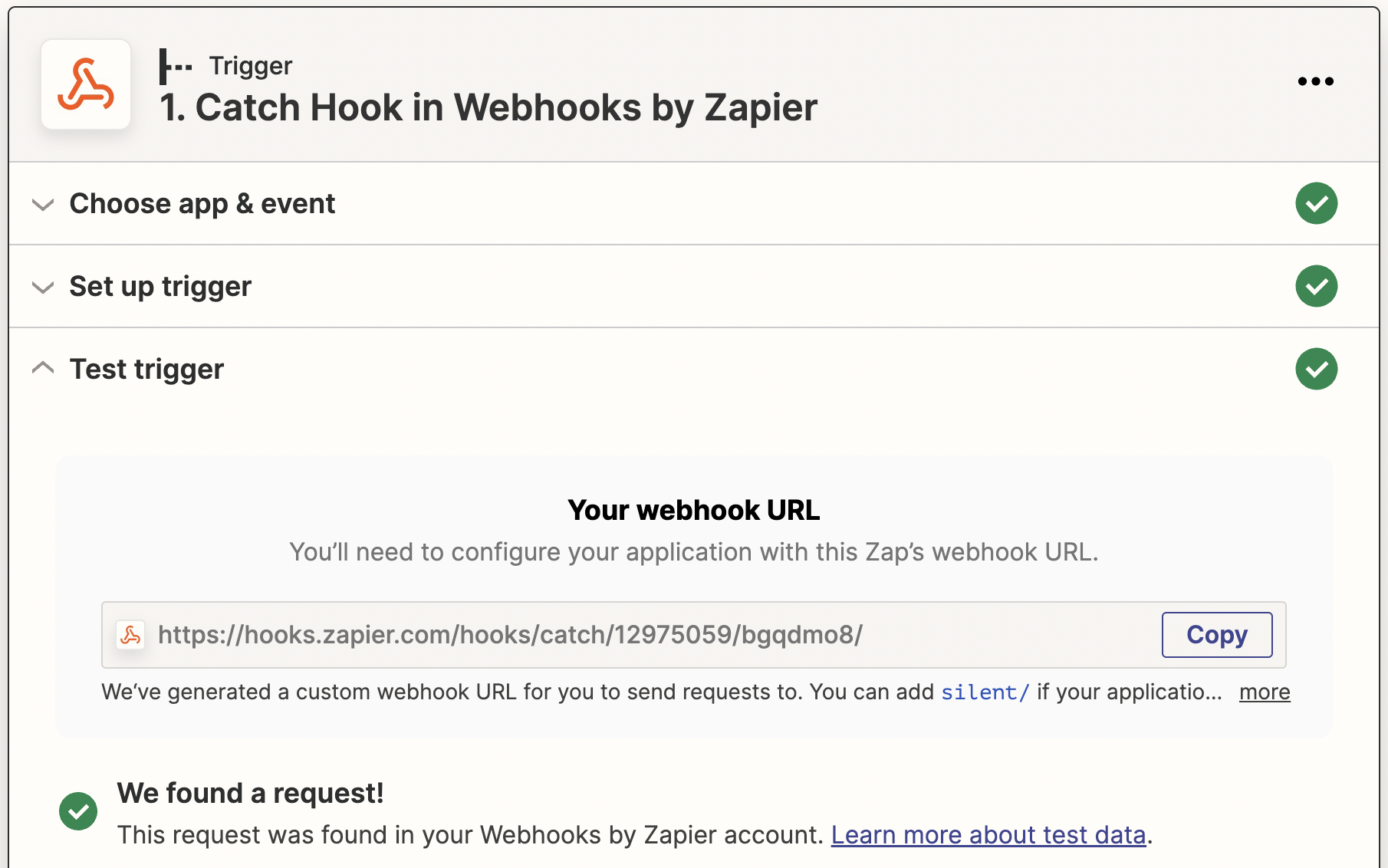 Test trigger result in Zapier showing MoEngage payload