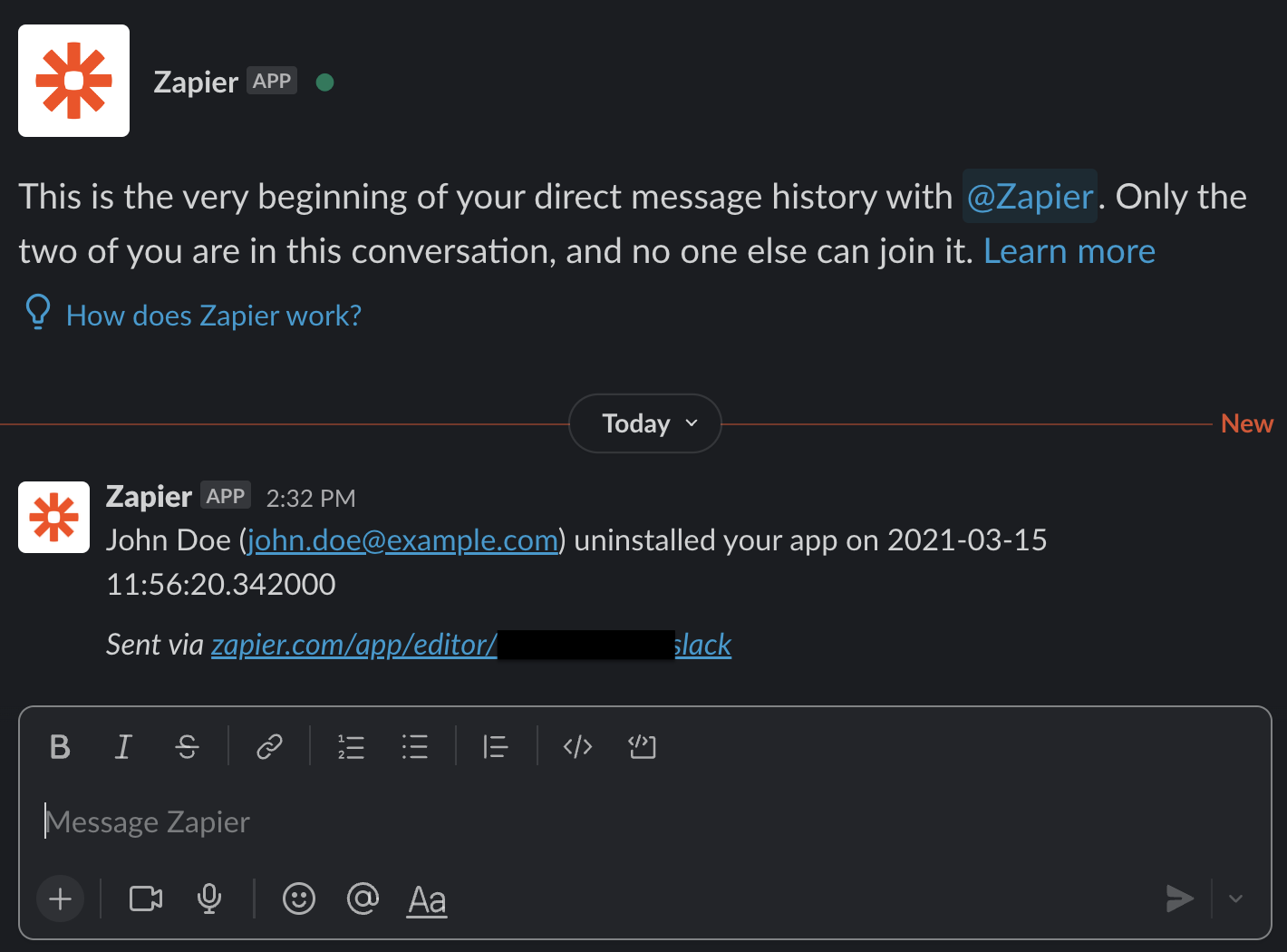 New Slack message verified in the Slack workspace