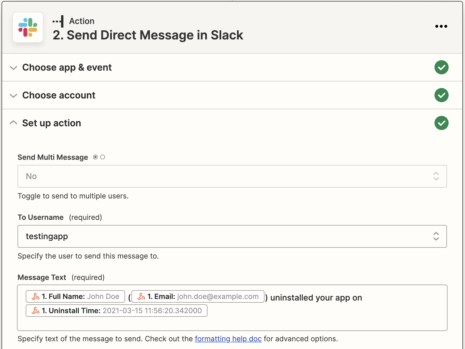 Slack action setup form filled with username and message text