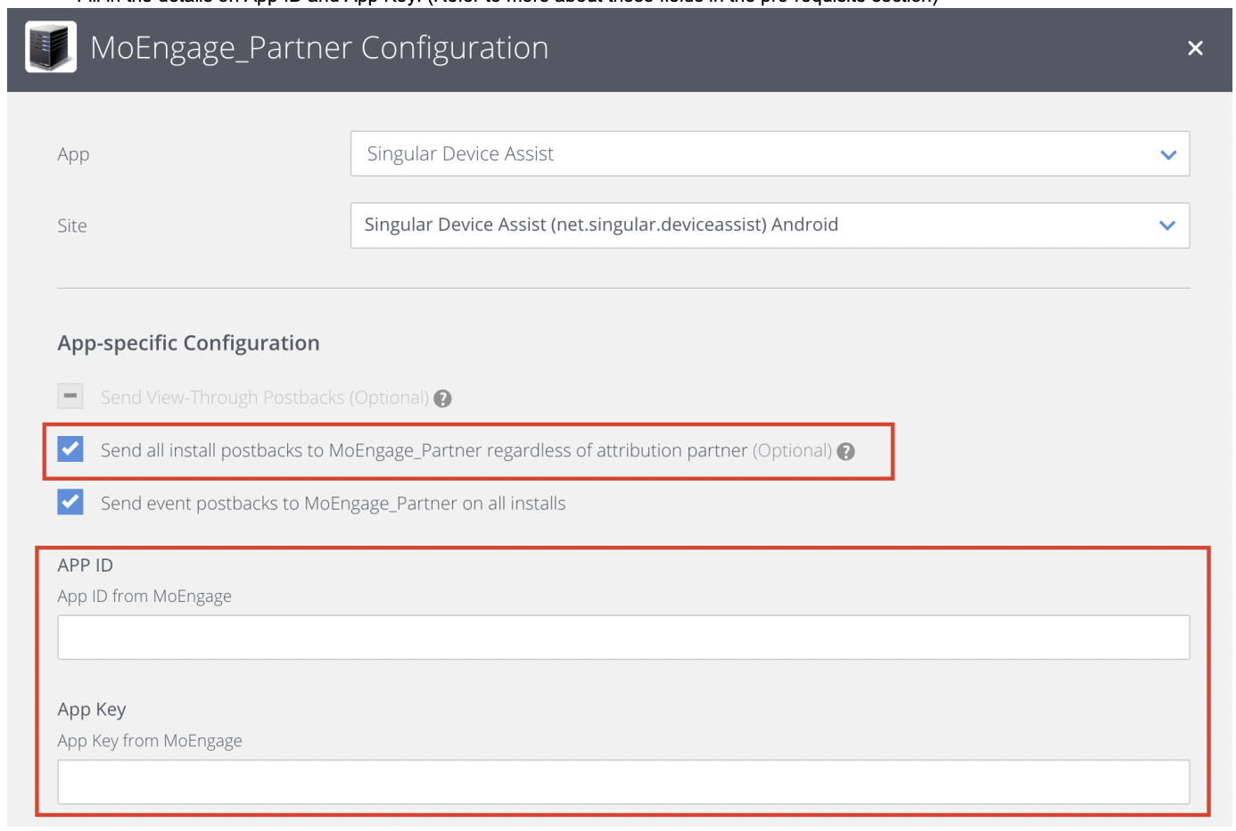 MoEngage partner configuration with postback checkboxes enabled in Singular