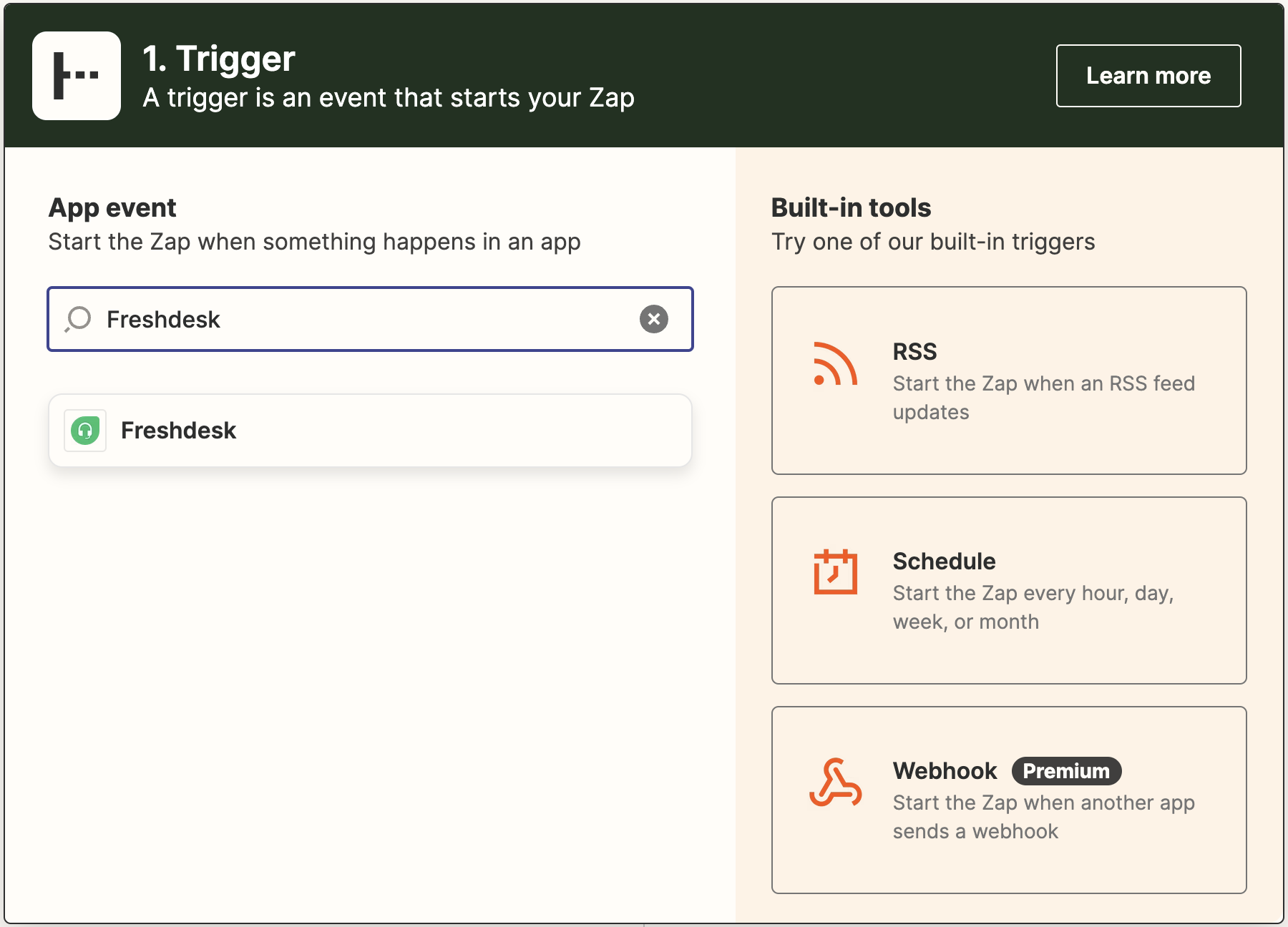 Selecting Freshdesk as the trigger app in Zapier