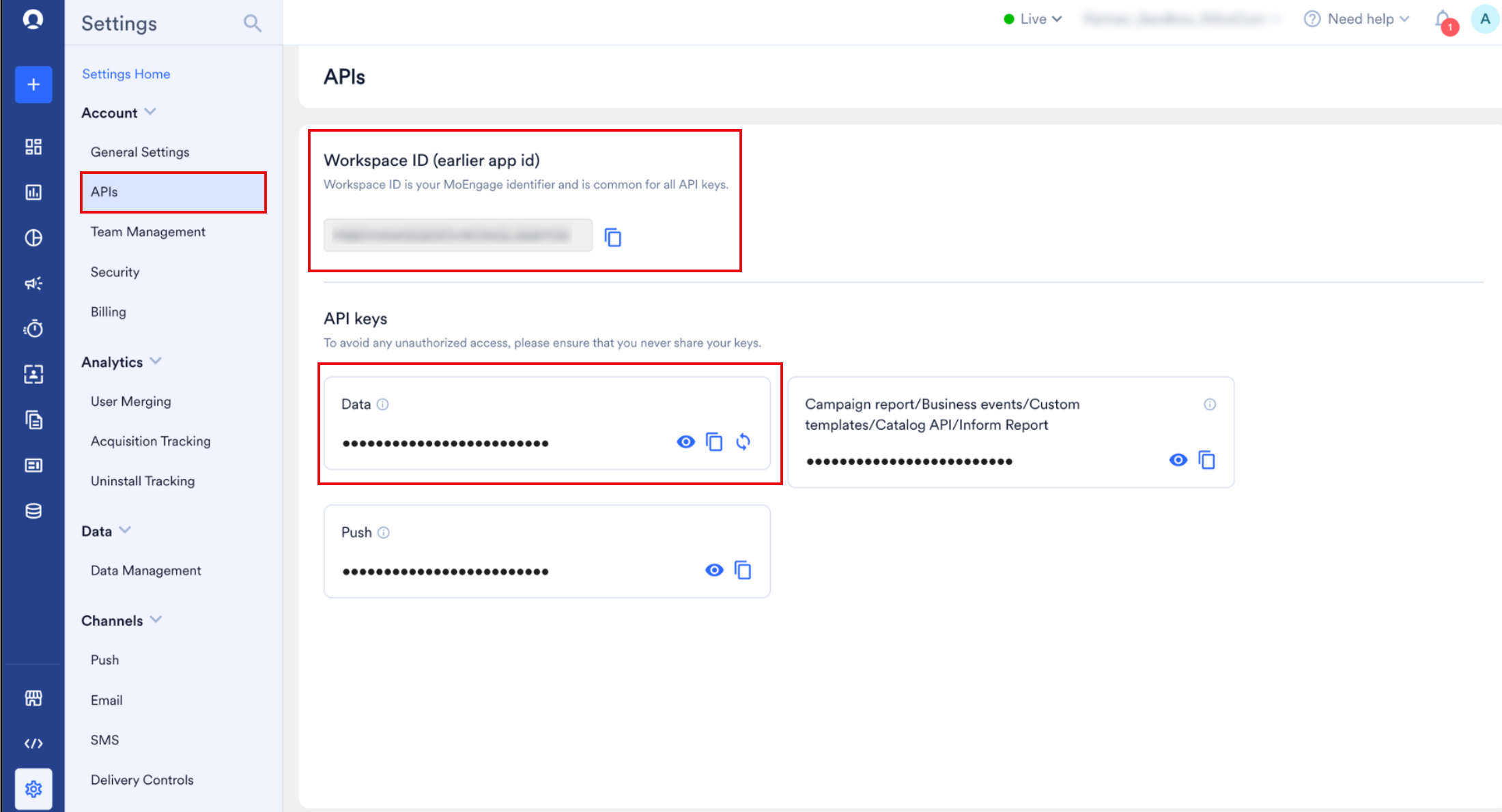MoEngage APIs settings showing the Workspace ID and the Data API key