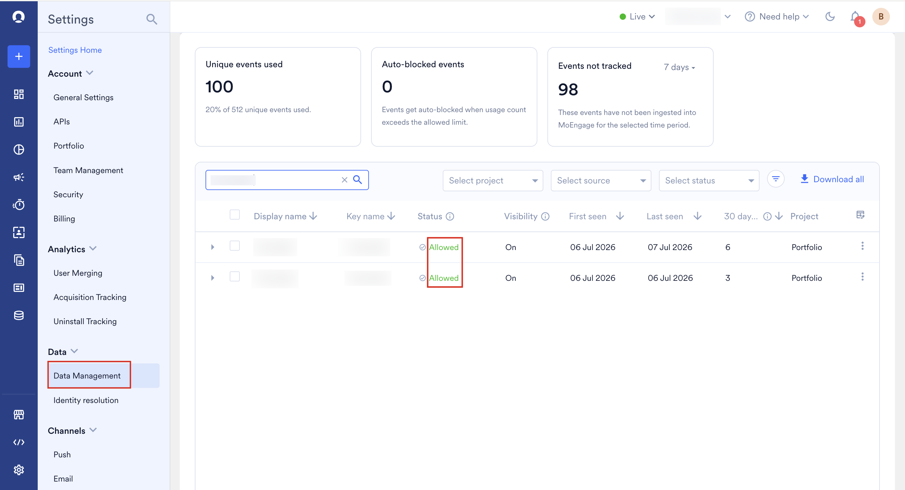 MoEngage Data Management page showing event statuses set to Allowed.