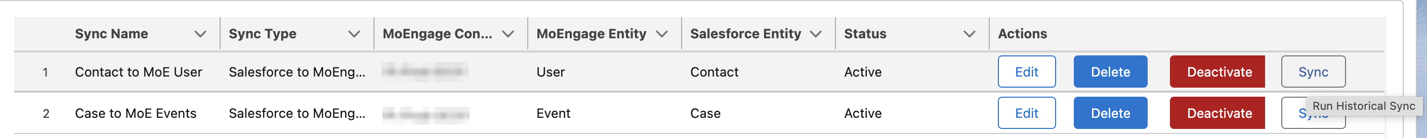Syncs list with the Sync action highlighted on a sync row