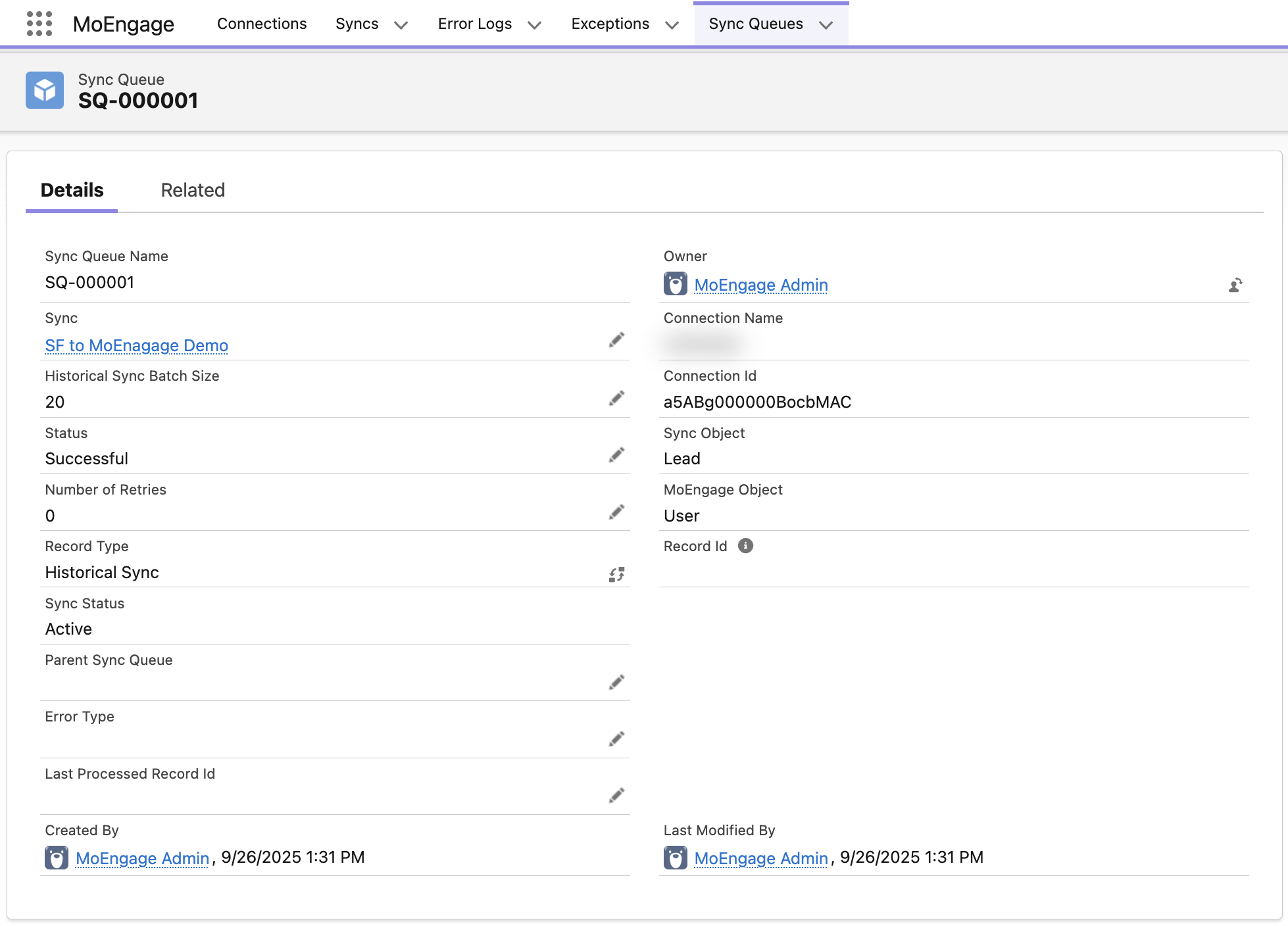 Sync Queue record detail page in Salesforce