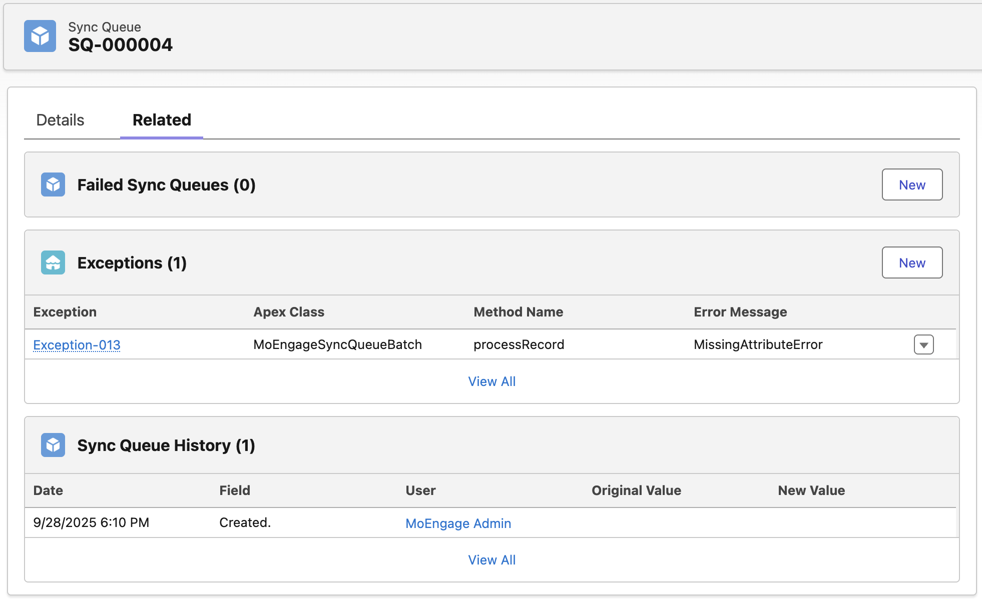 Related records on a Sync Queue record showing failed sync queues and exceptions