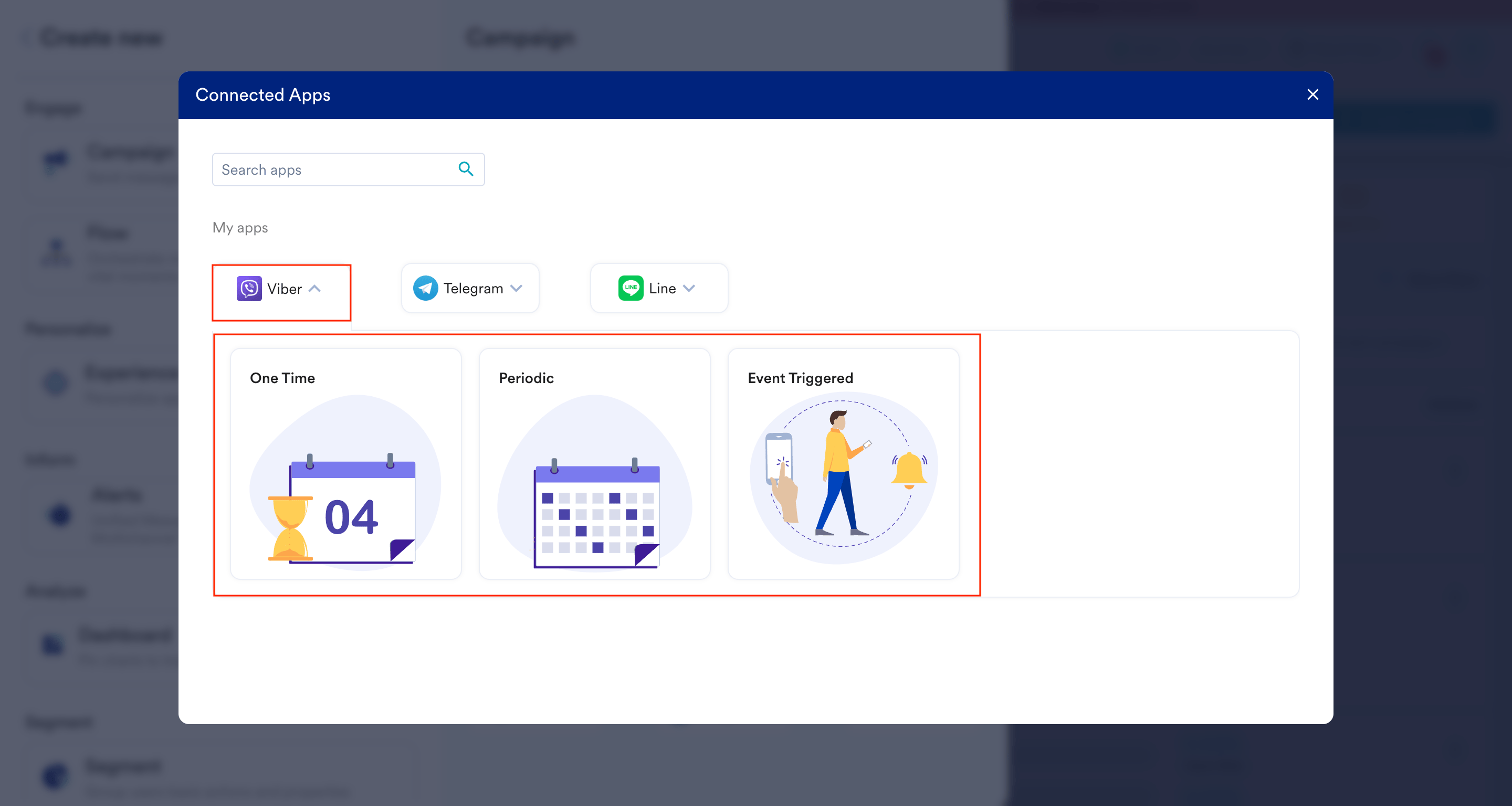 Create campaign dialog with Viber selected and delivery types