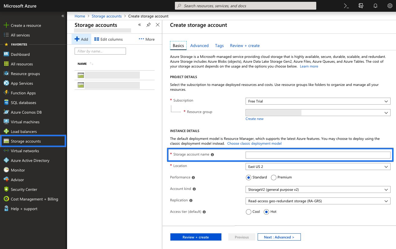 Create a new storage account in Microsoft Azure