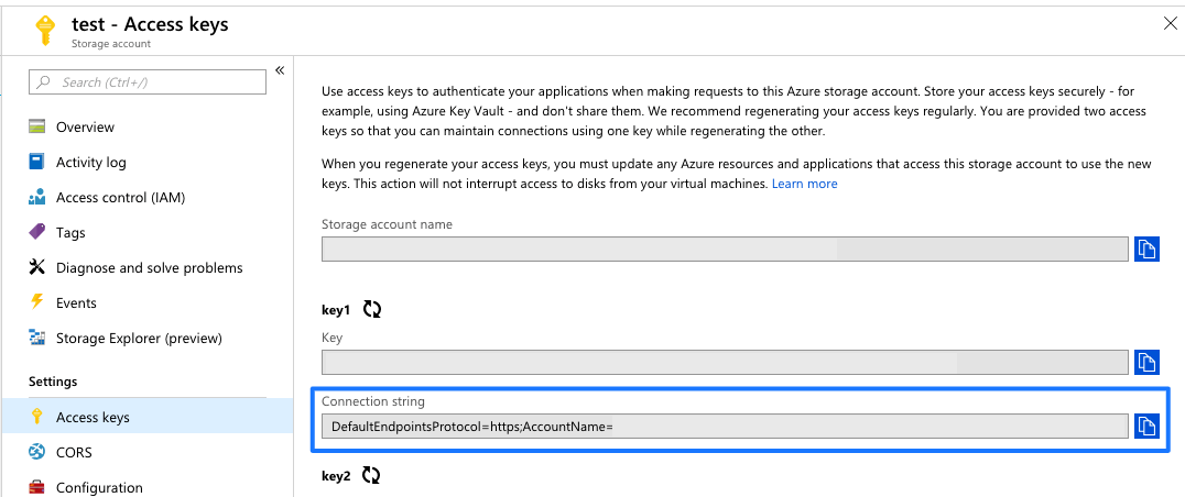 Access Keys section showing the Azure storage connection string