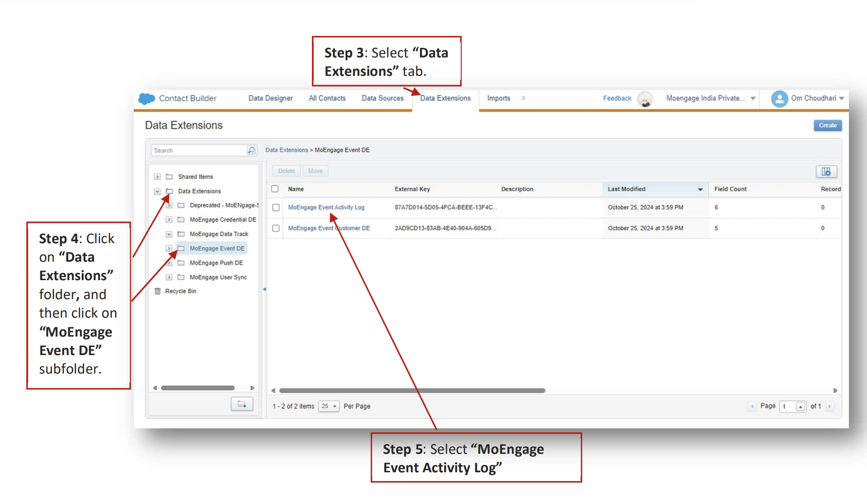 MoEngage Event DE folder with Data Extensions