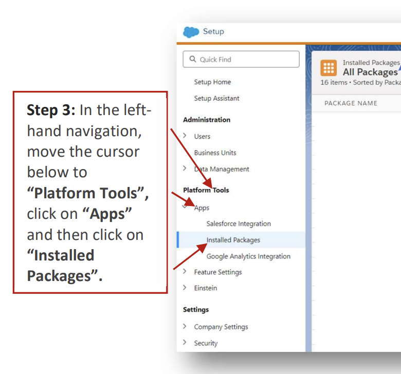Installed Packages tab in SFMC settings