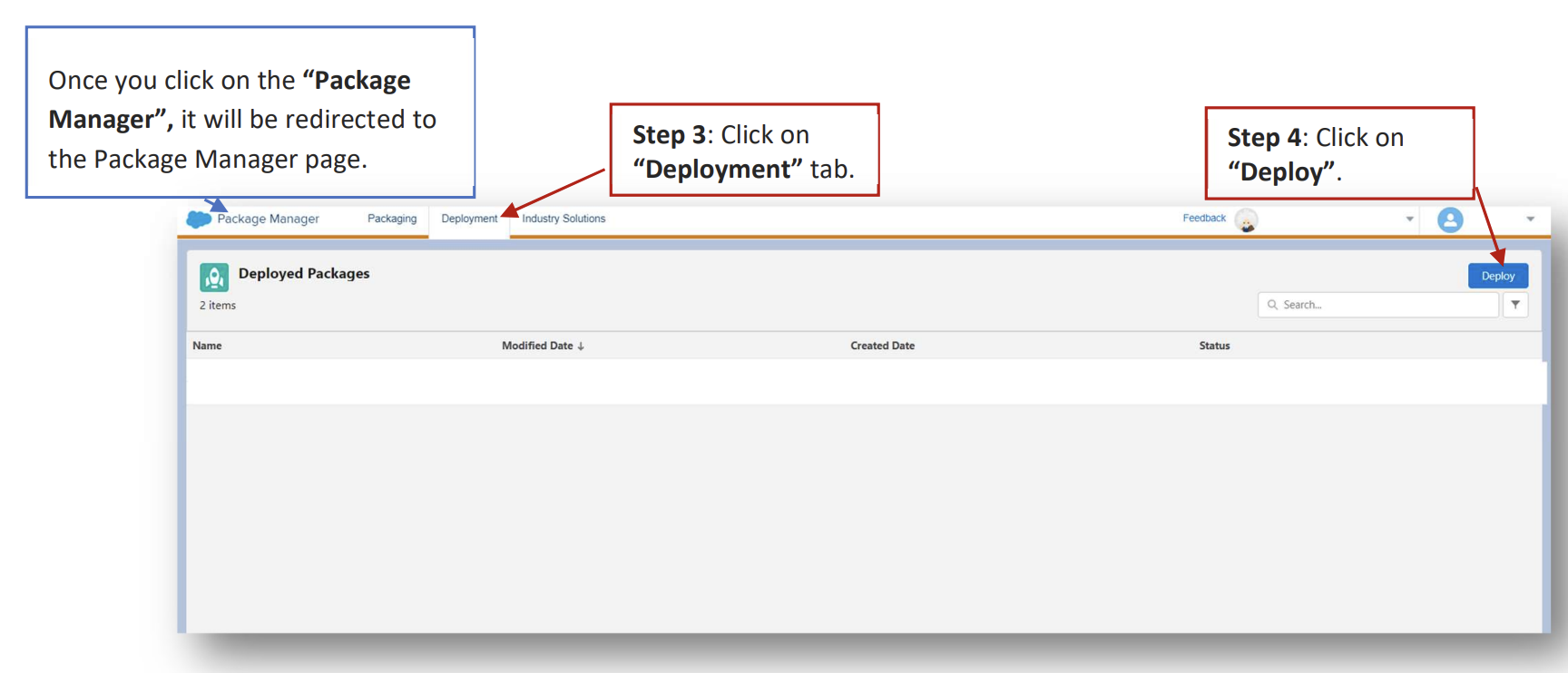 Deployment tab and Deploy button in Package Manager