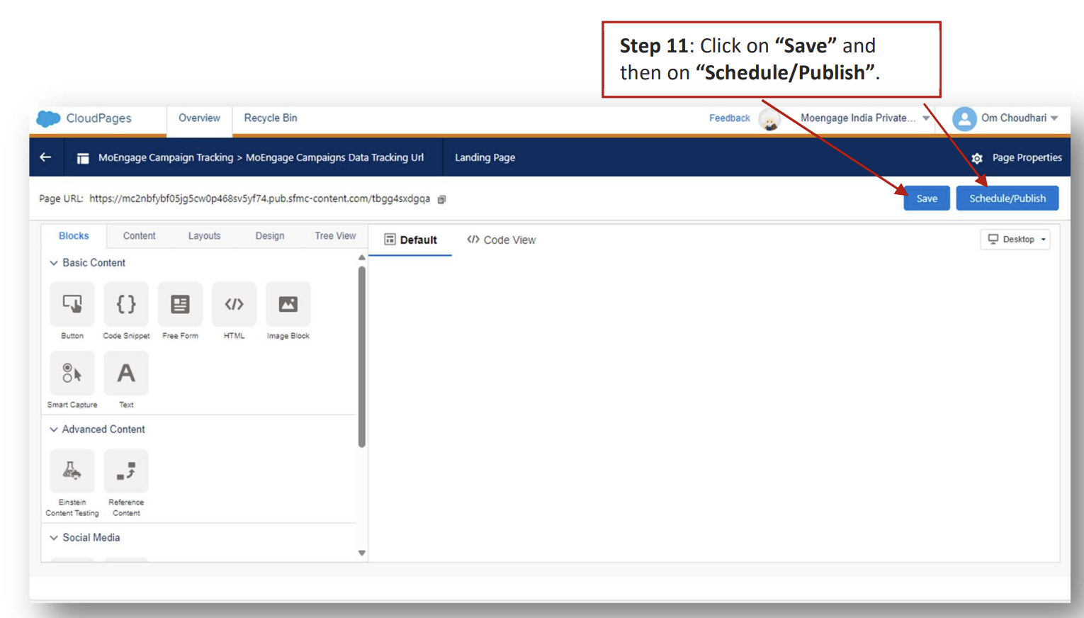 Saving and publishing the MoEngage Campaign Tracking CloudPage