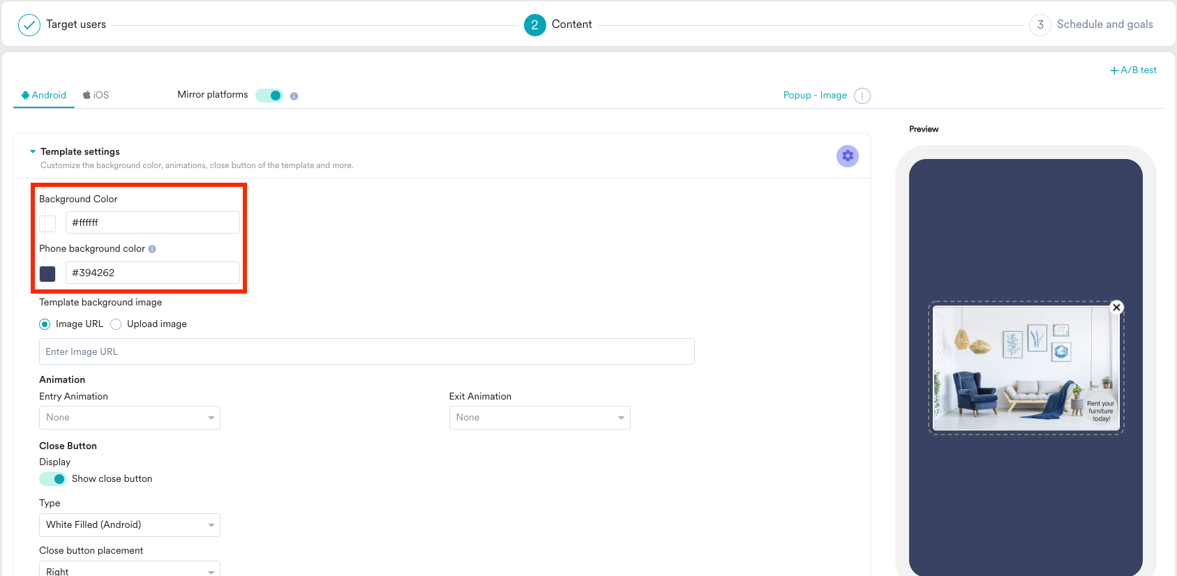 Screenshot showing options to set background color for a template.