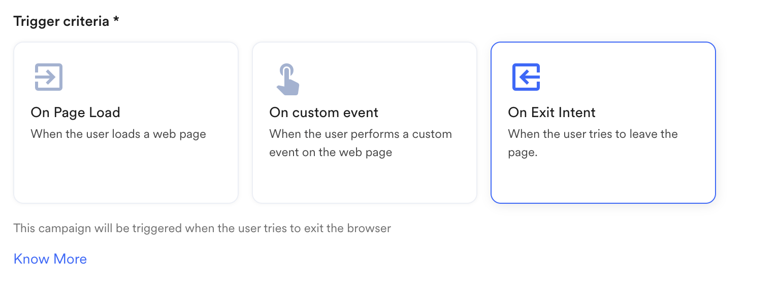 Screenshot showing On Exit Intent selected in Trigger criteria section.