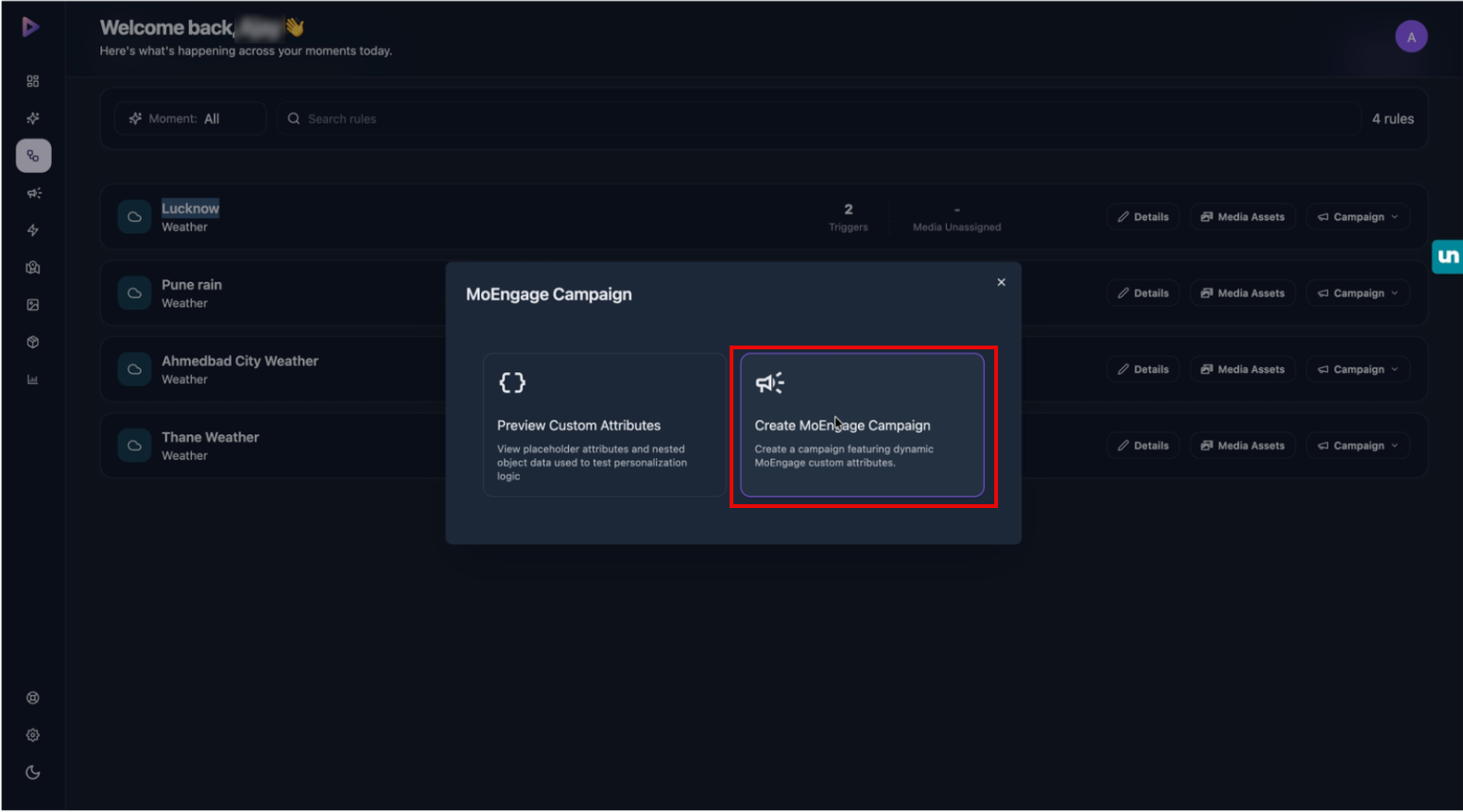 Wootag MoEngage Campaign modal with the Create MoEngage Campaign option highlighted