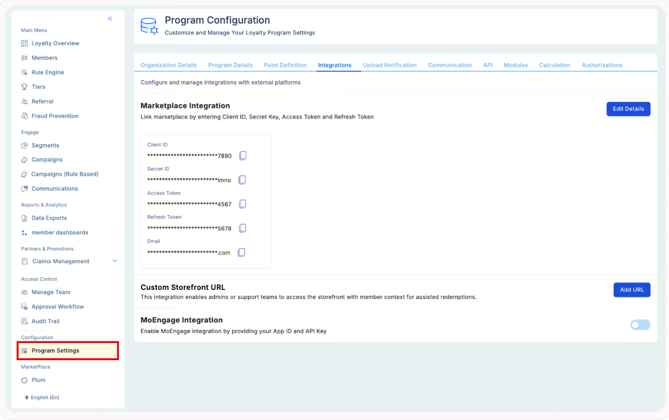 Loyalife Program Settings Integration page