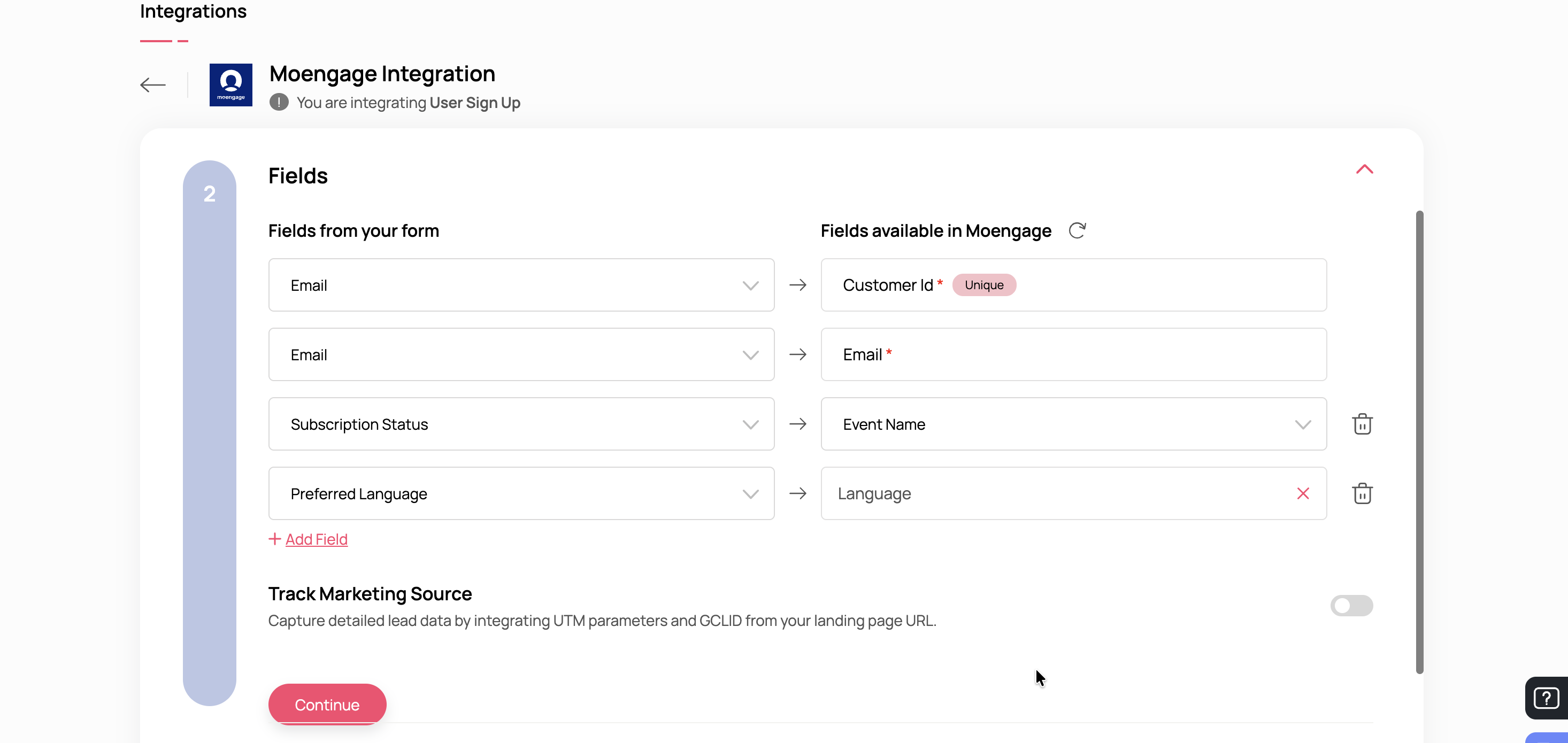 Zoho Landing field mapping confirmation showing mapped MoEngage fields