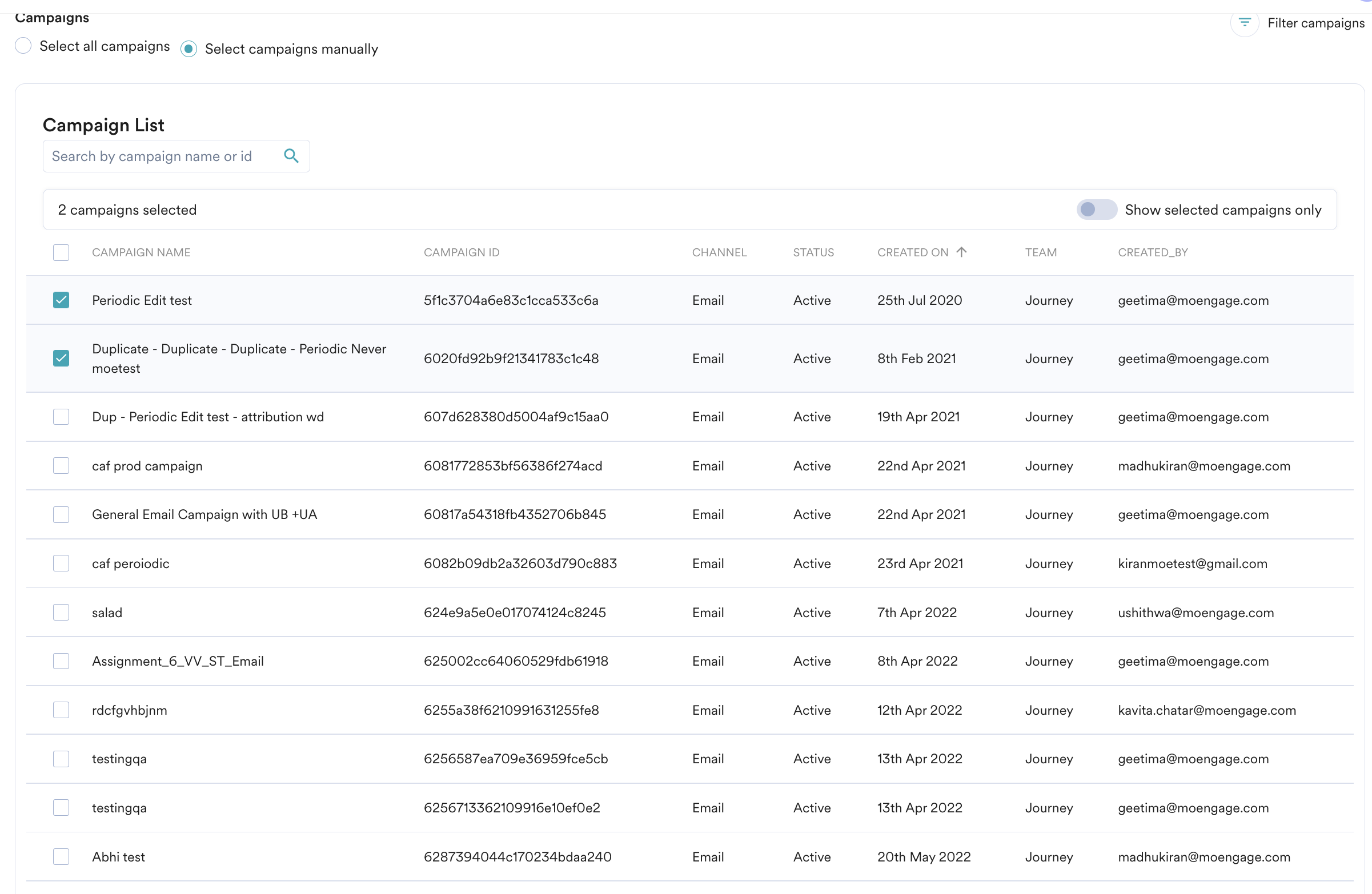 Campaign Reports Select Camp Manually